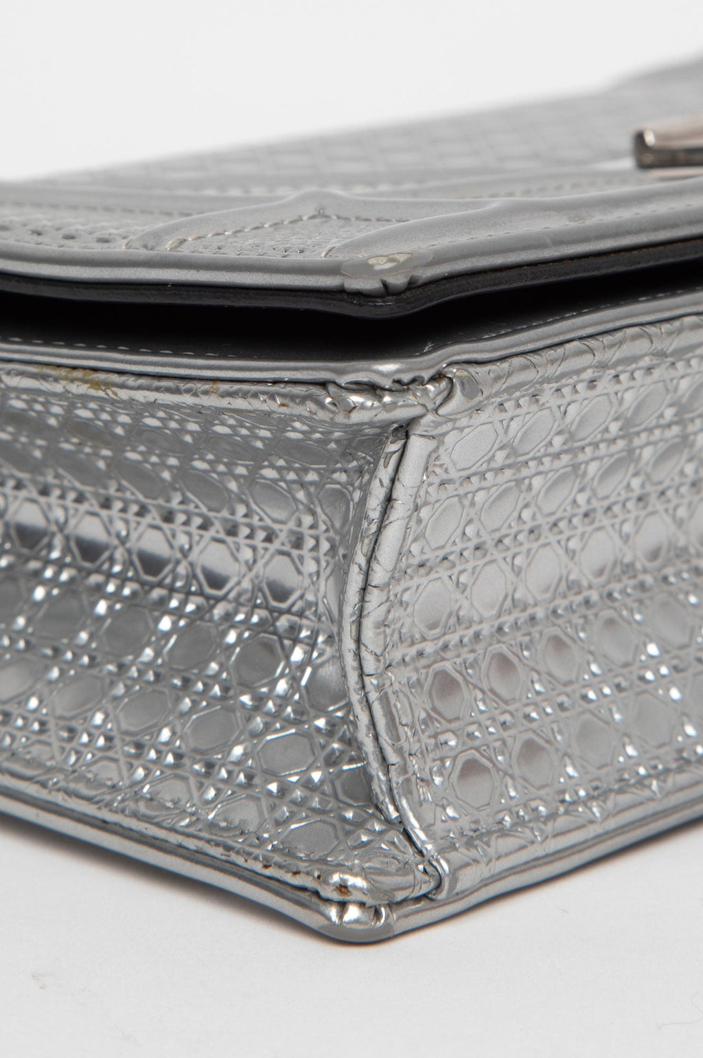 Christian Dior Metallic Patent Micro-Cannage Diorama Wallet on Chain Pouch Silver