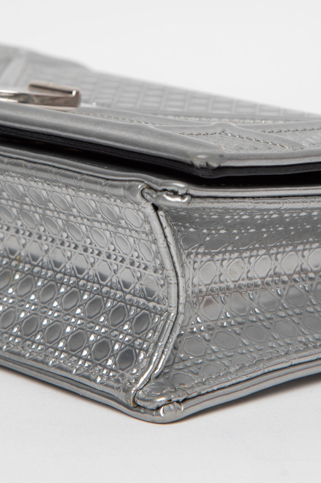 Christian Dior Metallic Patent Micro-Cannage Diorama Wallet on Chain Pouch Silver