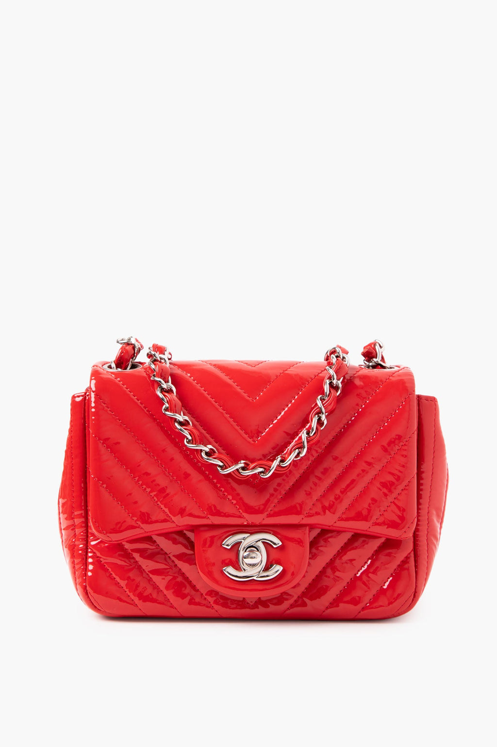 Chanel Red Patent Chevron Quilted Mini Square Flap Bag