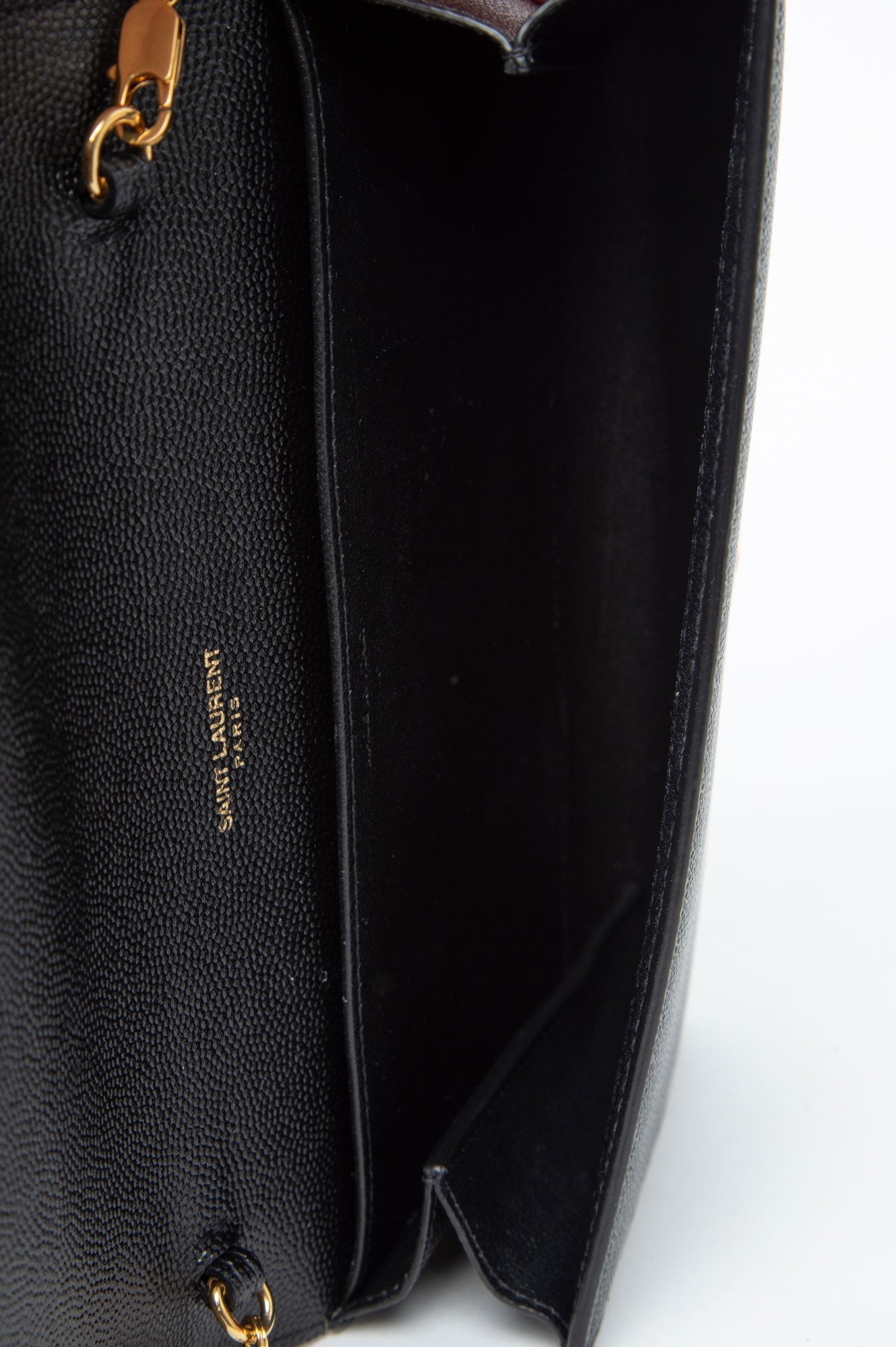 Saint Laurent uptown chain wallet in grain de poudre embossed leather