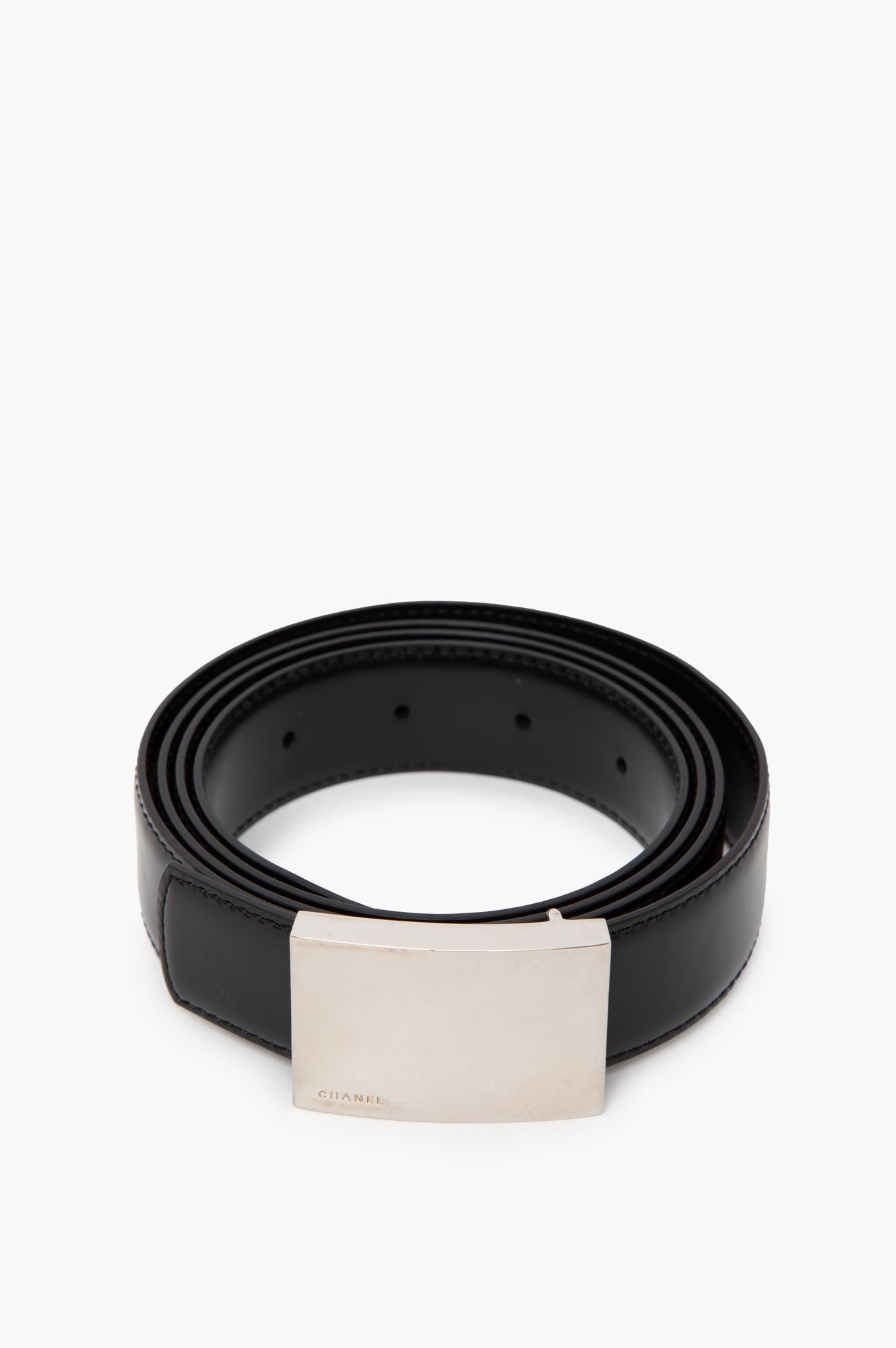 Chanel Black and Silver Buckle Belt Size 110 Mens