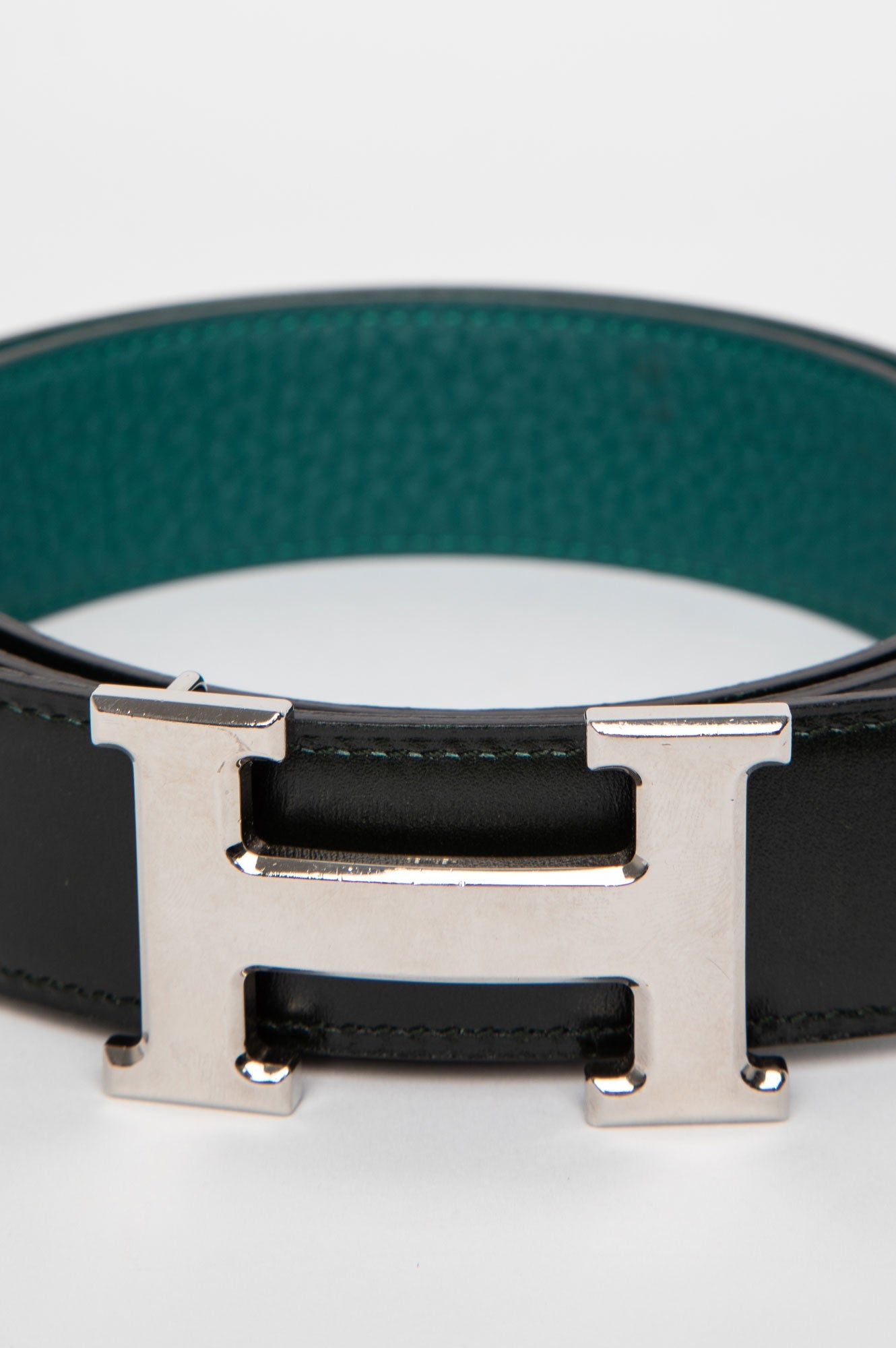 Hermes Reversible H Silver Buckle Dark Green/Green Size 80