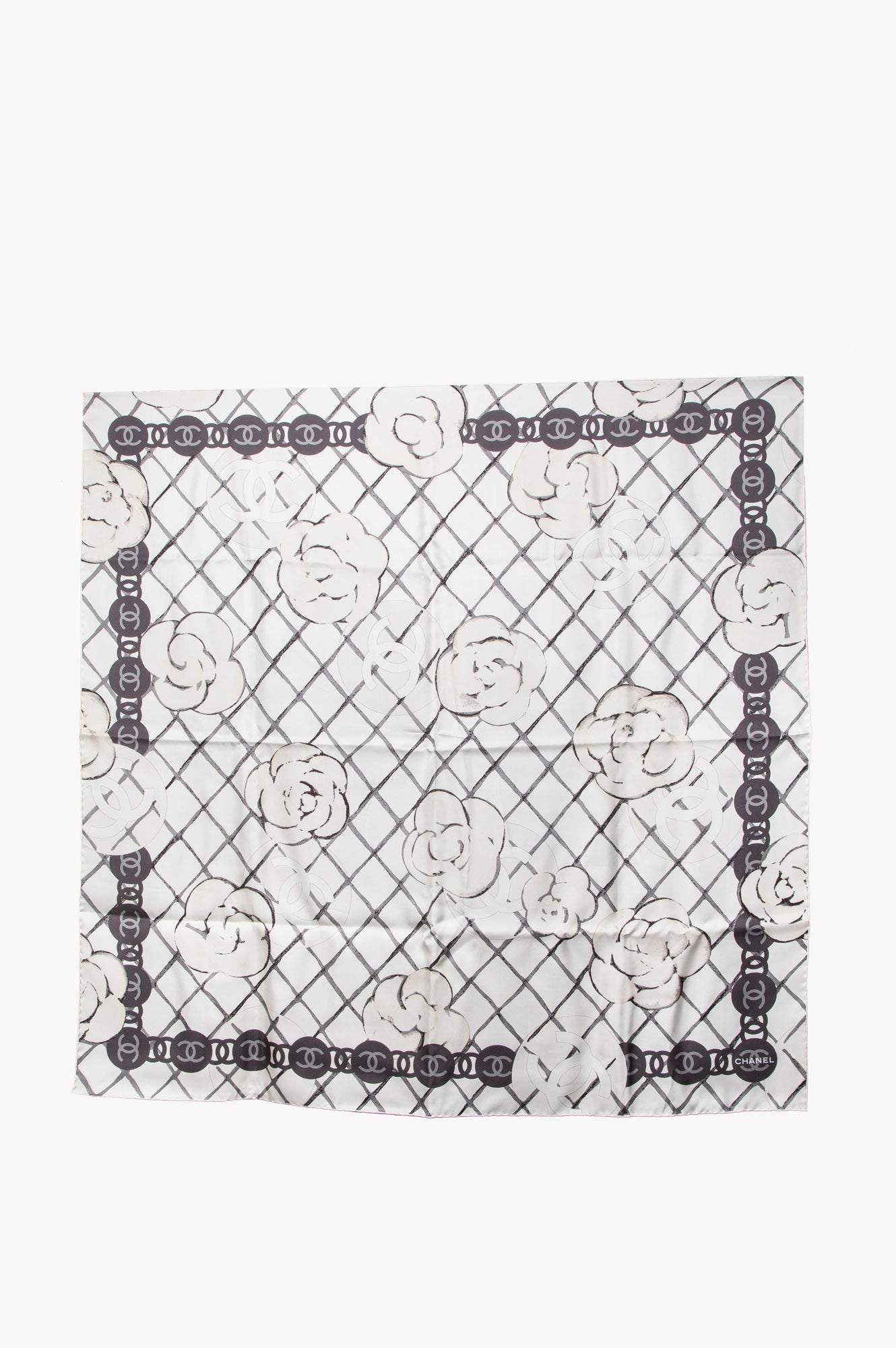 Chanel Ivory Camelia Silk Square Scarf 90