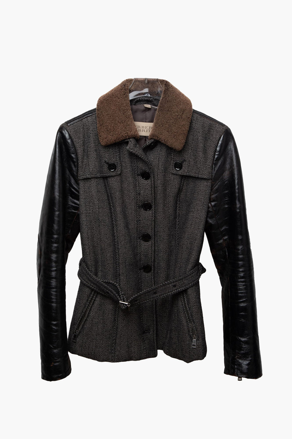Burberry Black Wool Blend With Leather Sleeves Coat Size US 6