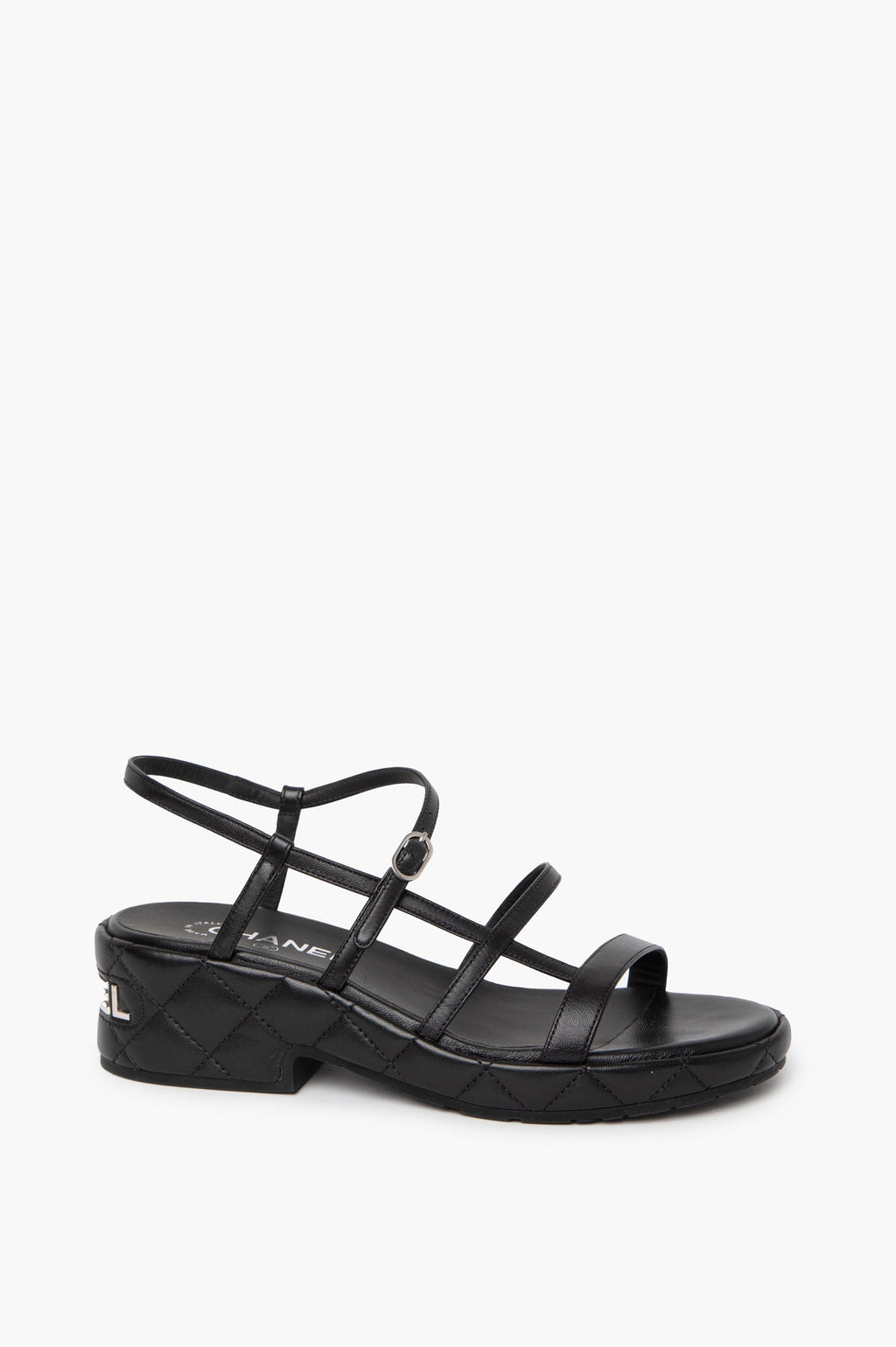 Chanel Black Leather Logo Wedge Sandals Size 39