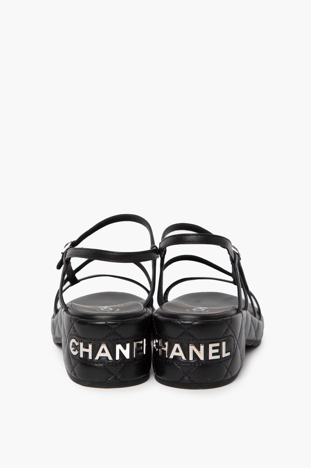 Chanel Black Leather Logo Wedge Sandals Size 39