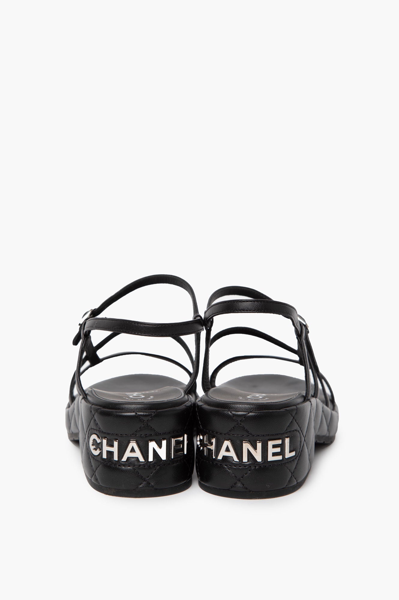 Chanel Black Leather Logo Wedge Sandals Size 39