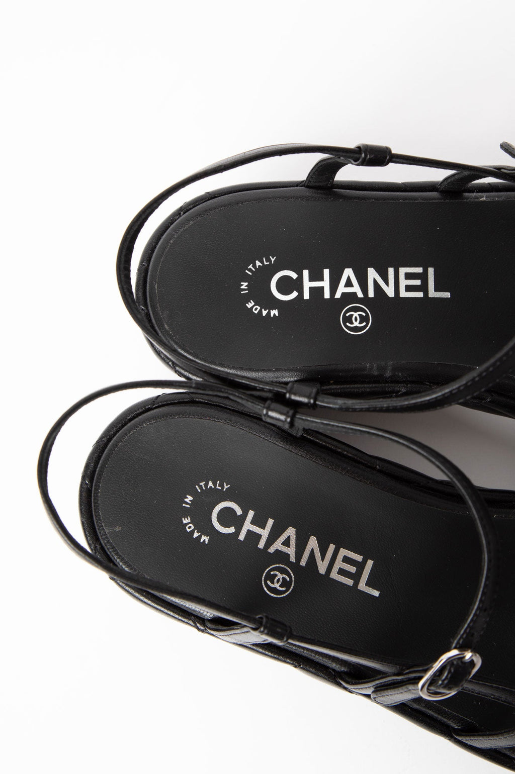Chanel Black Leather Logo Wedge Sandals Size 39