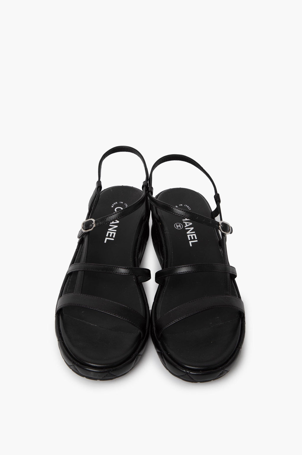 Chanel Black Leather Logo Wedge Sandals Size 39