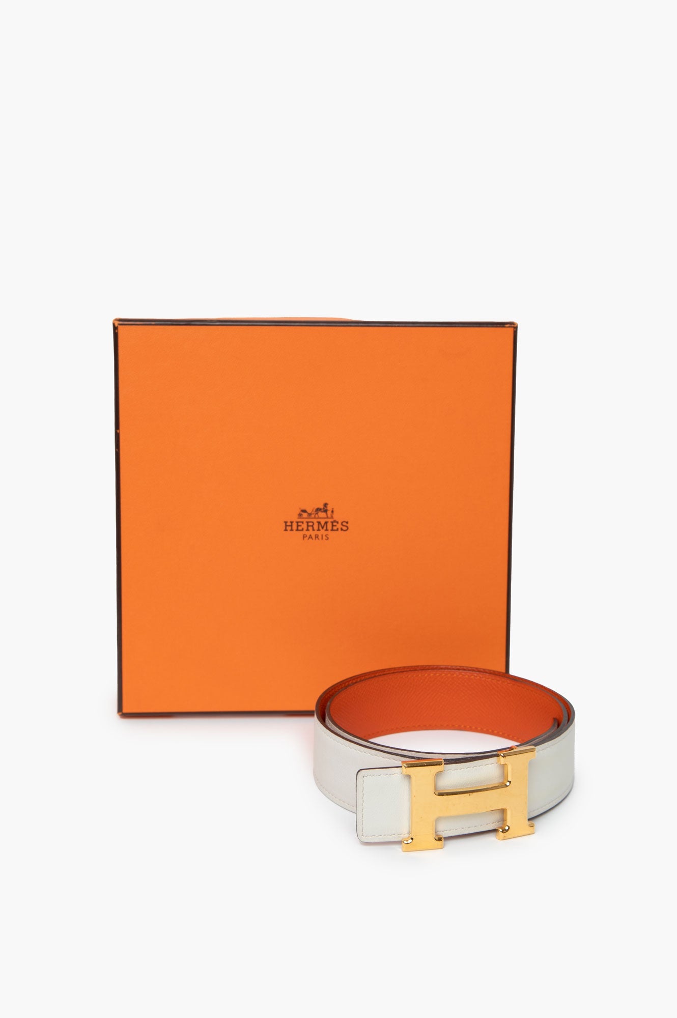 Hermes White/Orange With Gold H Buckle Belt Size 70