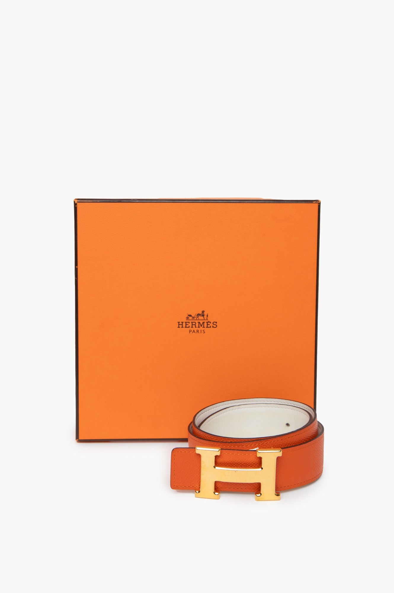 Hermes White/Orange With Gold H Buckle Belt Size 70