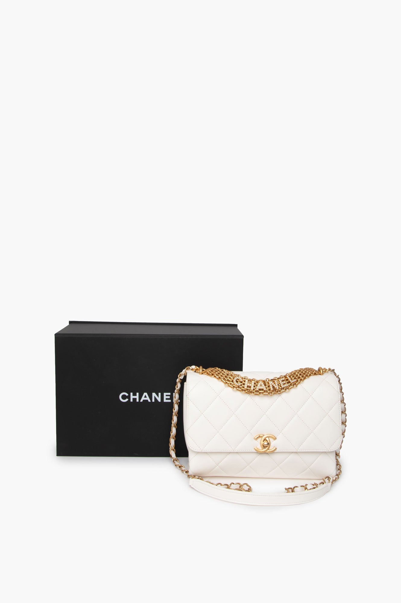 Chanel White Crystal Logo Gold Chain Flap Bag