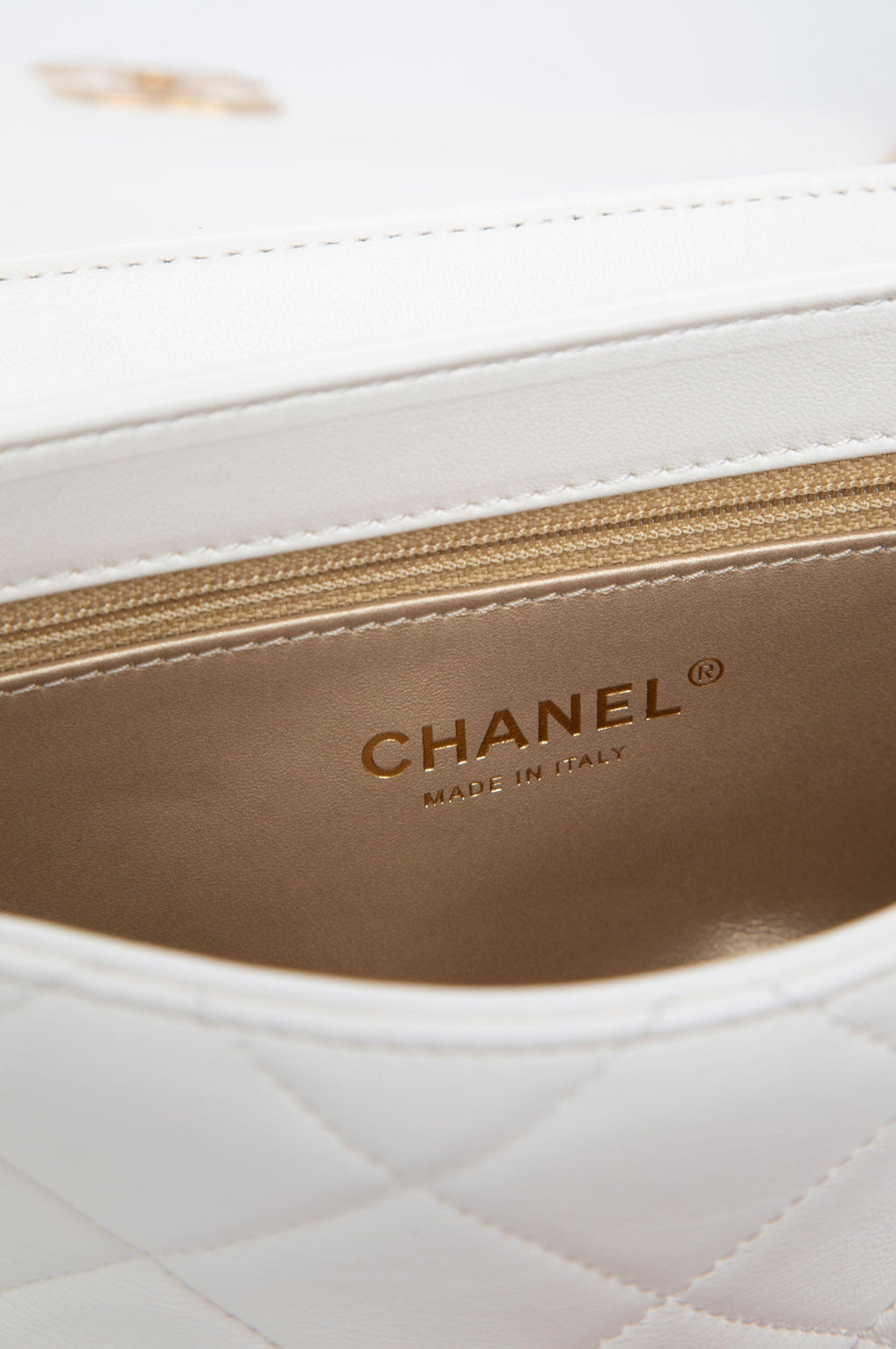 Chanel White Crystal Logo Gold Chain Flap Bag