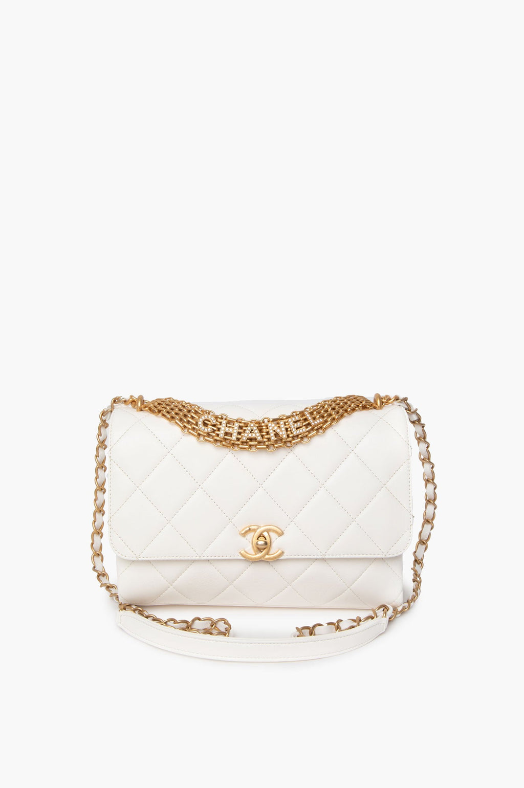 Chanel White Crystal Logo Gold Chain Flap Bag