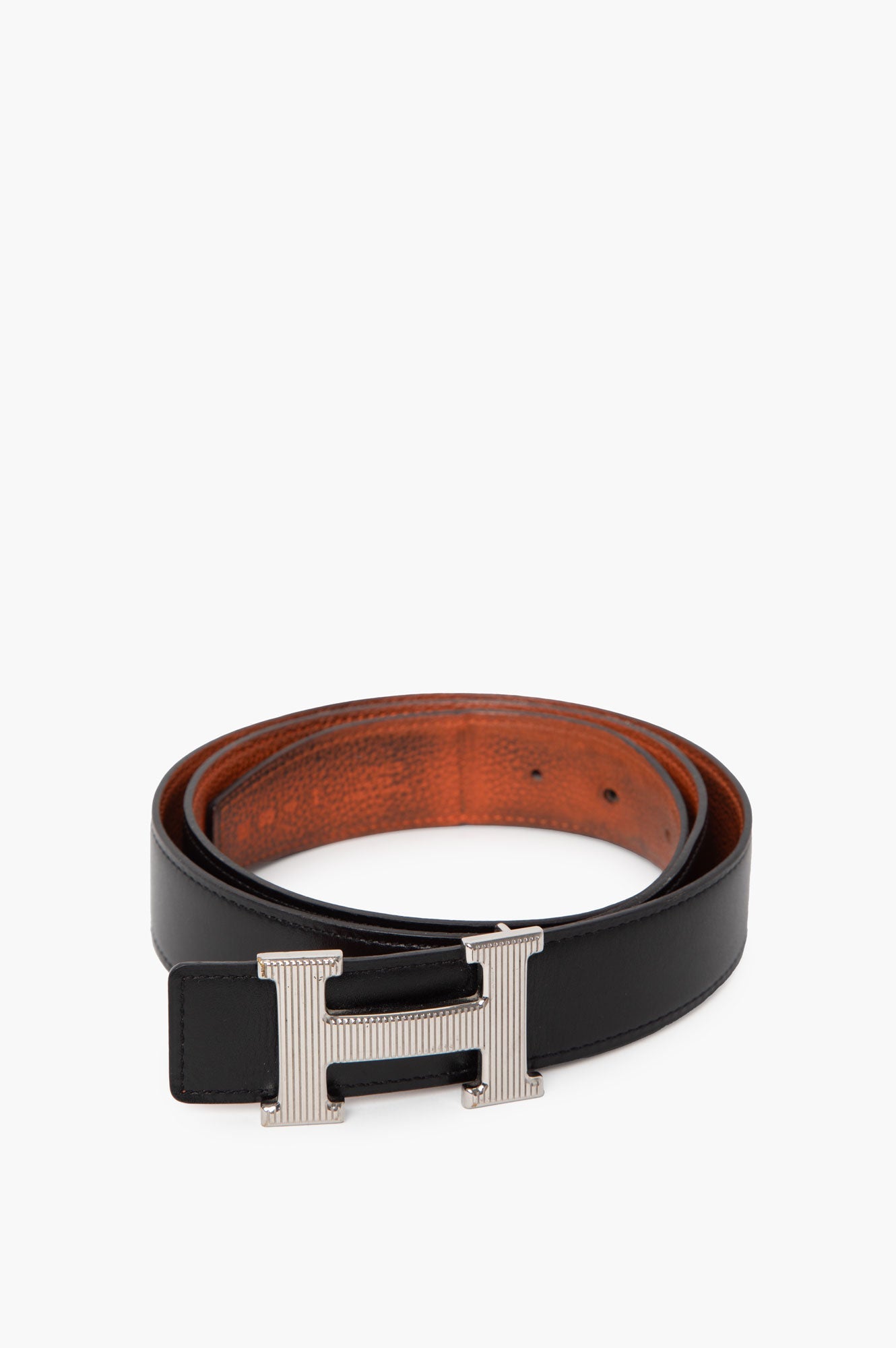 Hermes Black/Orange Silver H Buckle Belt Size 95