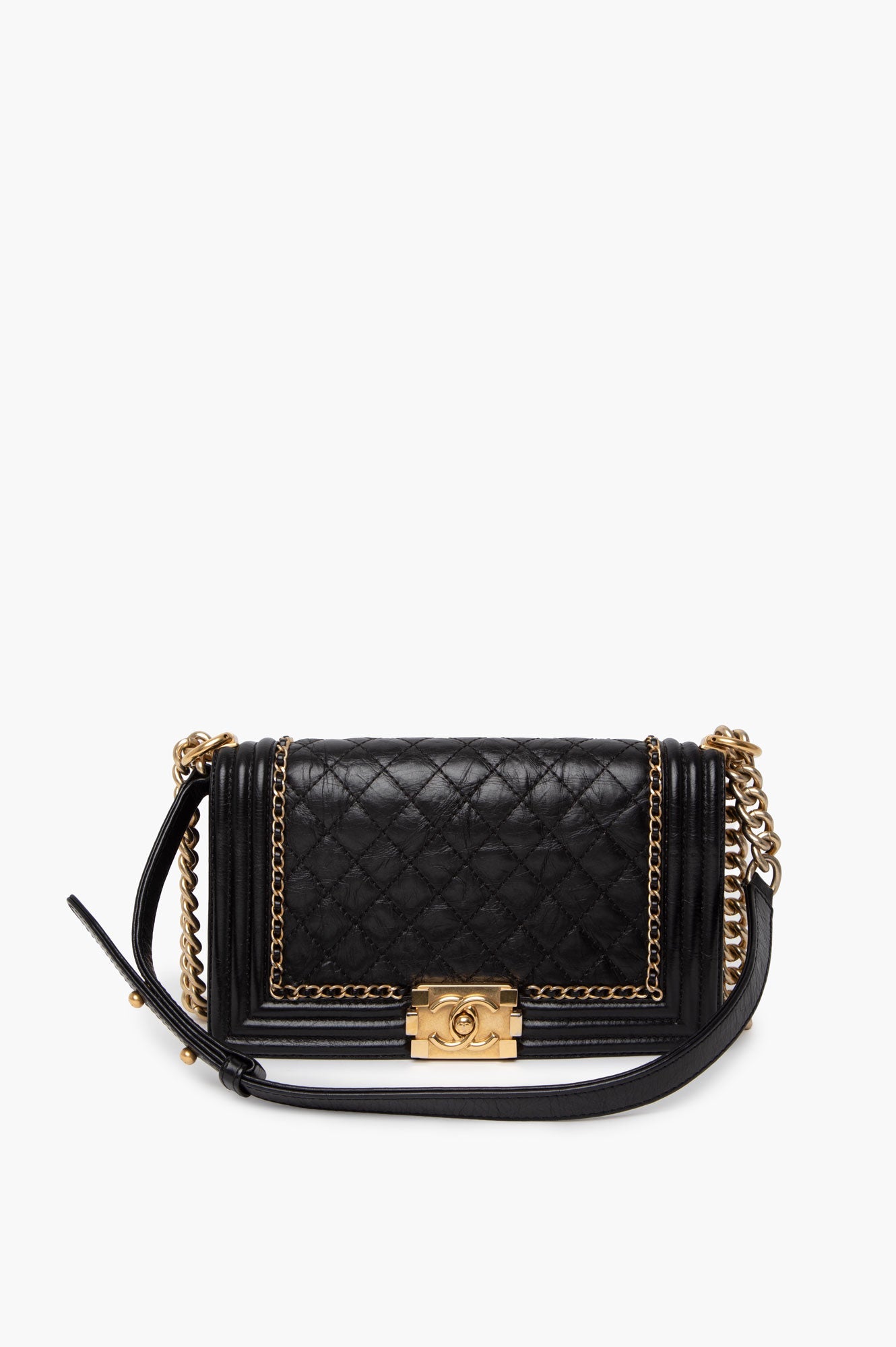 Chanel Black Aged Calfskin Quilted New Medium Boy Bag