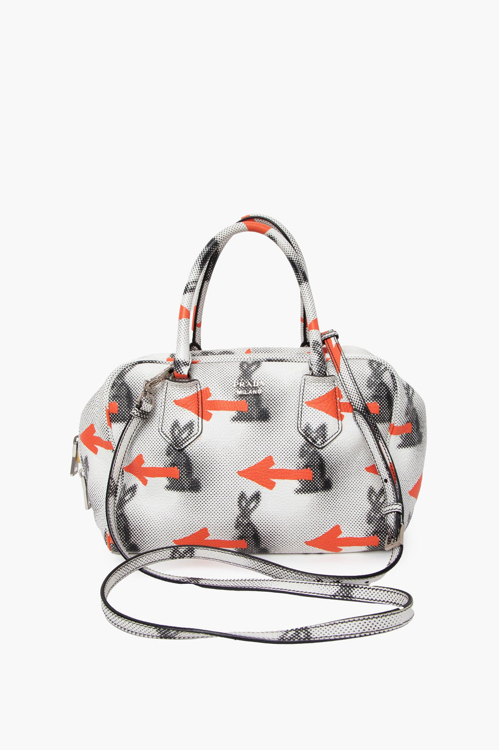Prada White Leather Rabbit-print Top Handle Bag