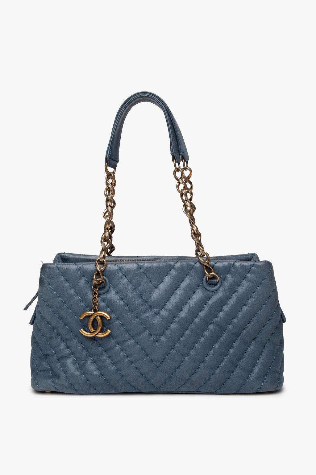 Chanel Denim Blue Iridescent Chevron Quilted Leather Surpique Tote