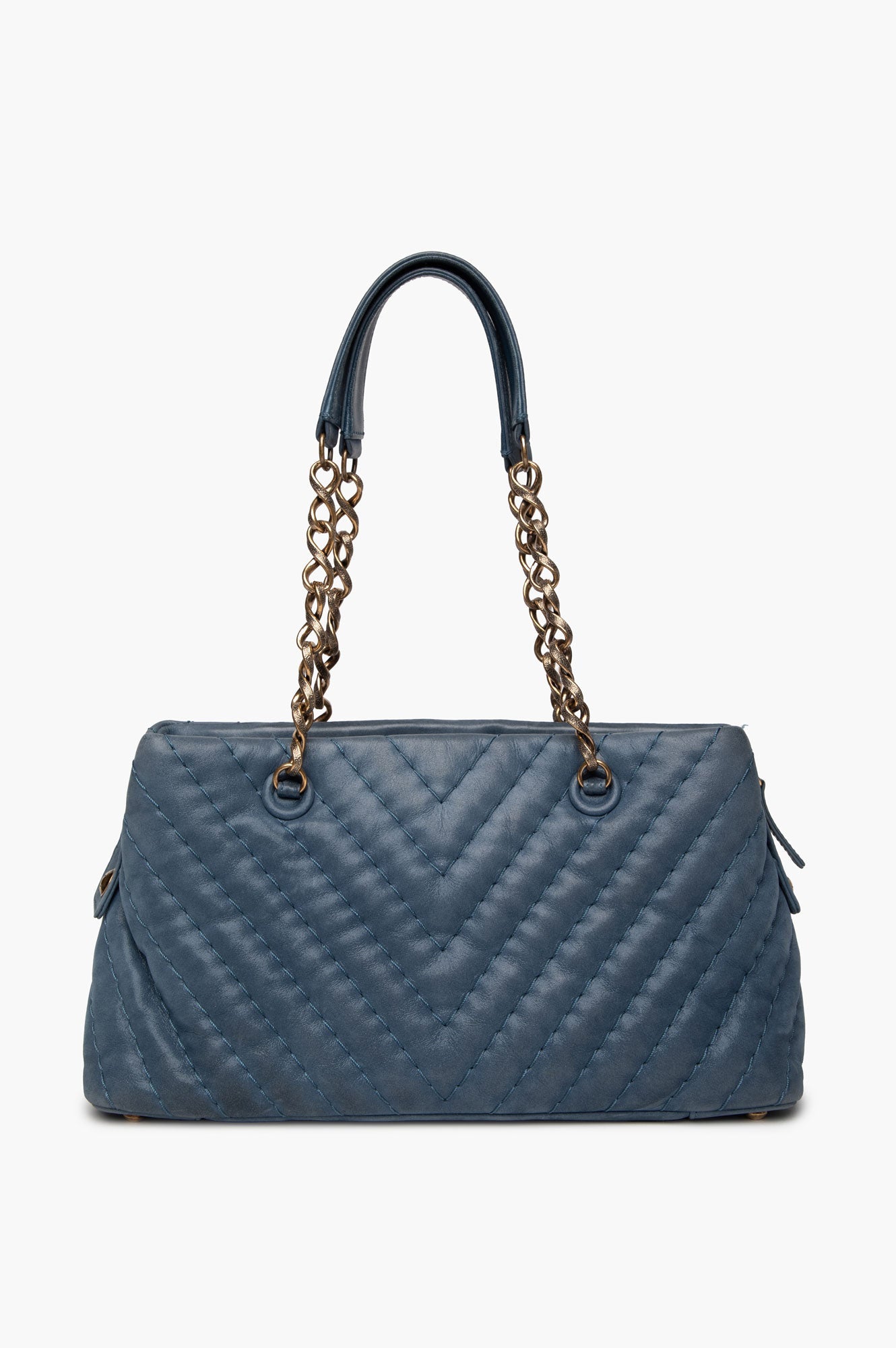 Chanel Denim Blue Iridescent Chevron Quilted Leather Surpique Tote