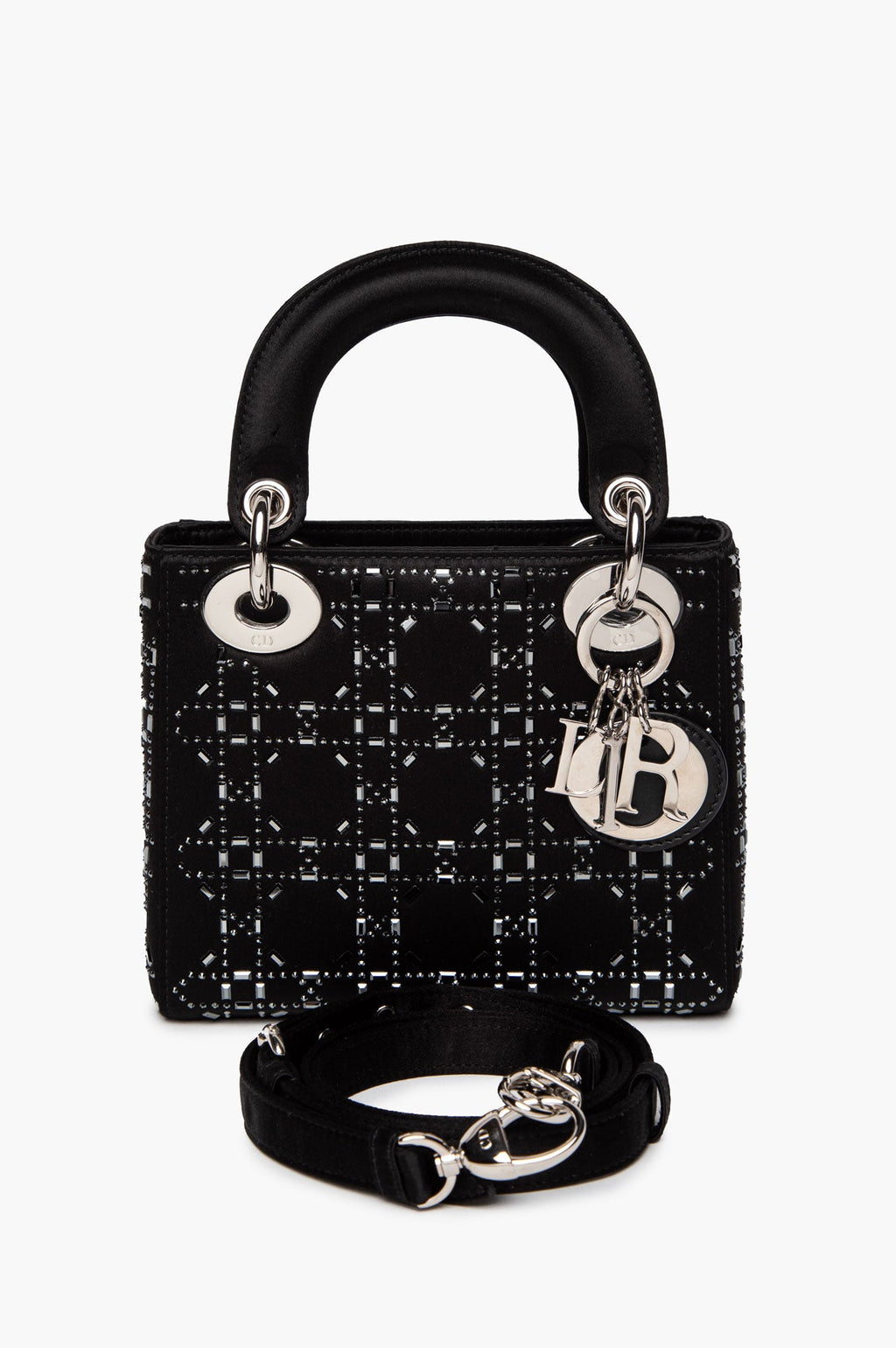 Christian Dior Black Satin Rhinestone Mini Lady Dior Bag