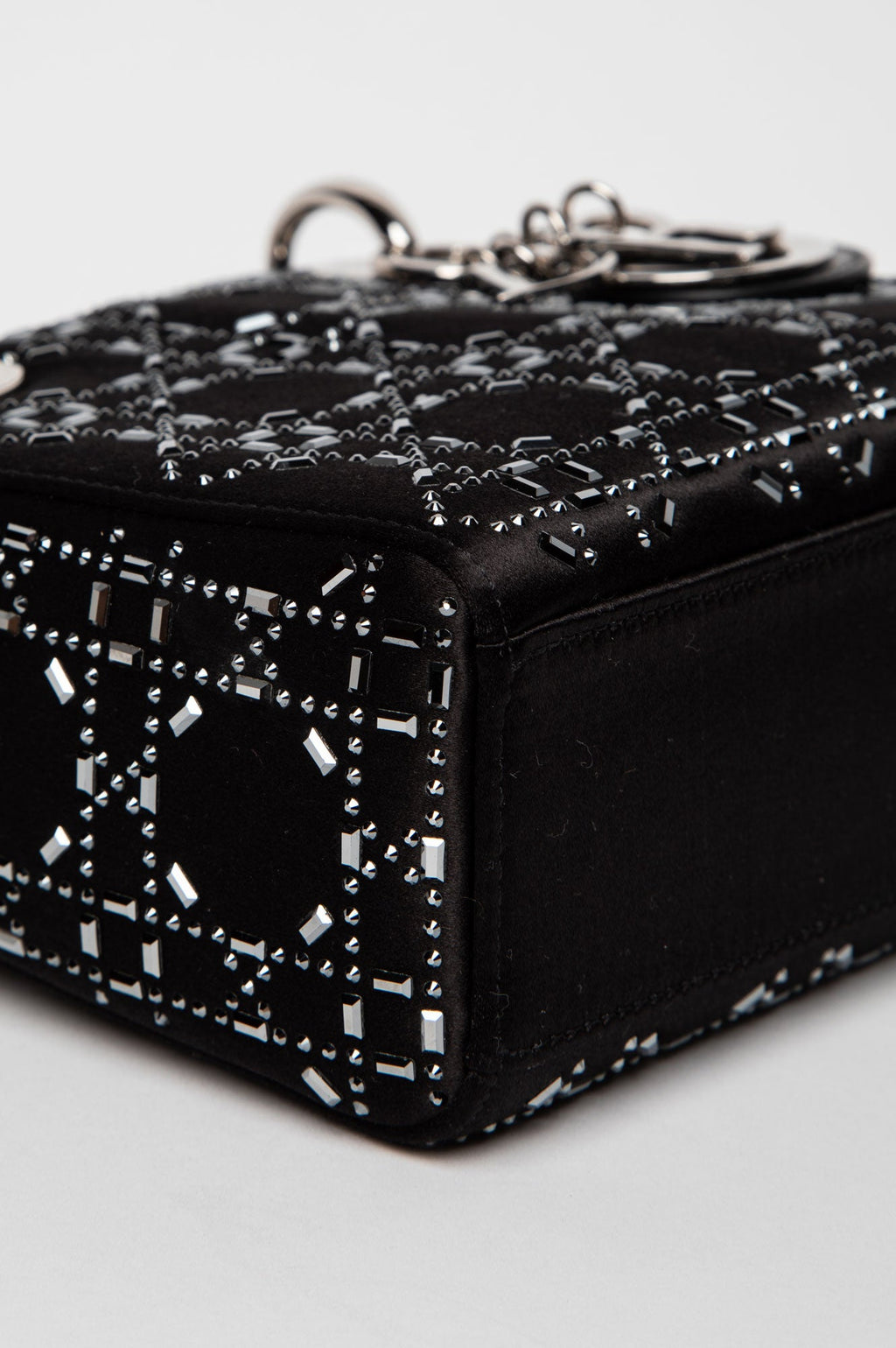 Christian Dior Black Satin Rhinestone Mini Lady Dior Bag