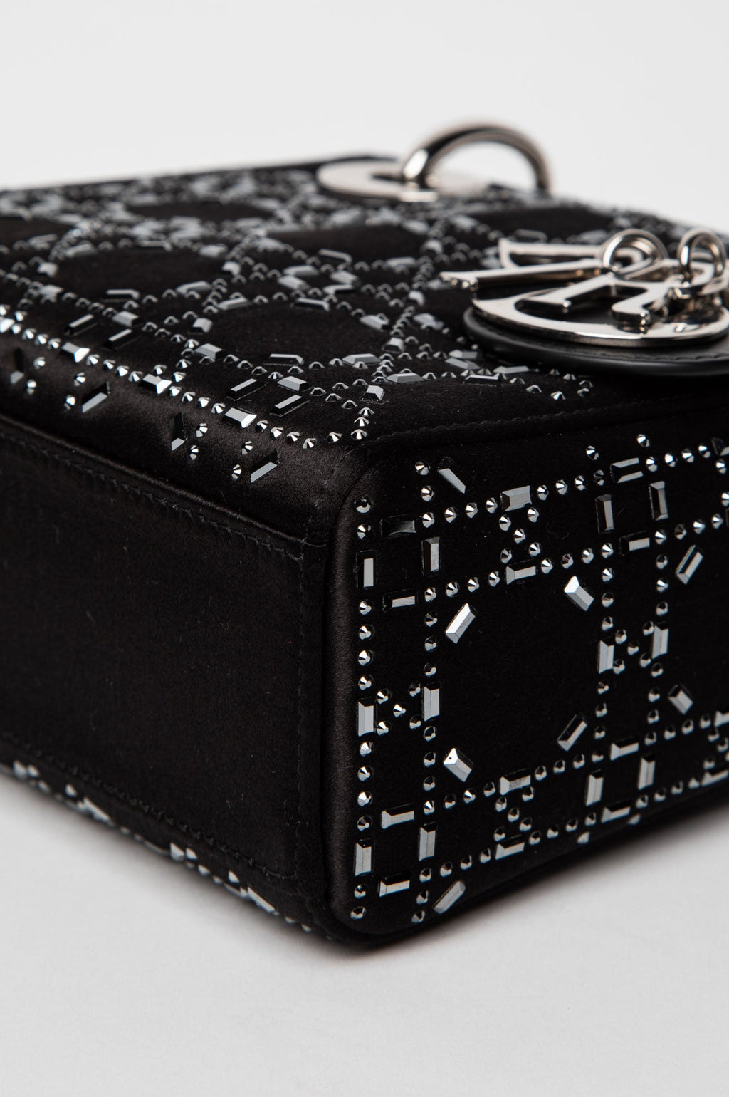 Christian Dior Black Satin Rhinestone Mini Lady Dior Bag