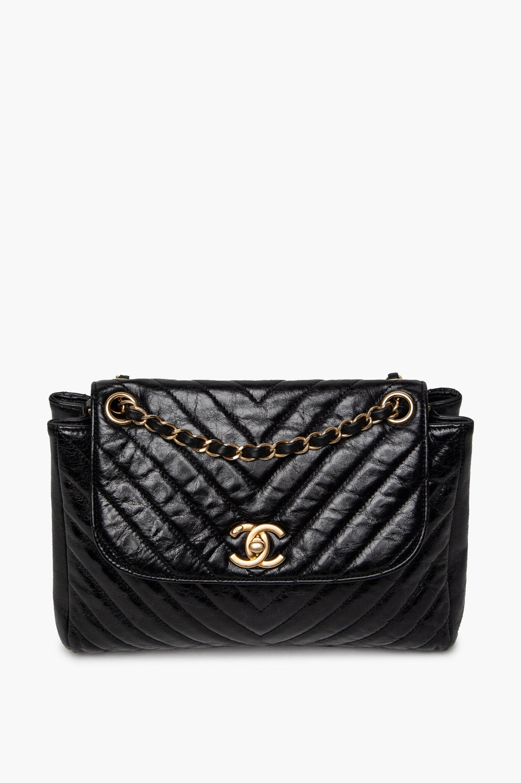 Chanel Black Chevron Quilted Aged Calfskin Hampton Flap Bag