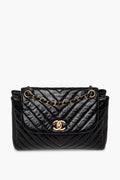 Chanel Black Chevron Quilted Aged Calfskin Hampton Flap Bag