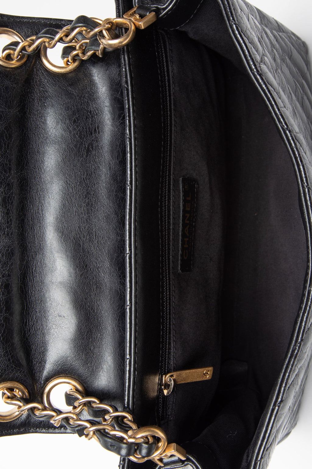 Chanel Black Chevron Quilted Aged Calfskin Hampton Flap Bag