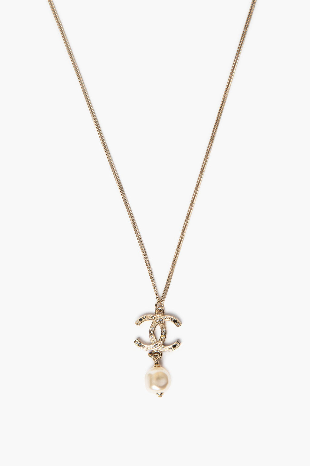 Chanel 12A Champagne Gold Tone CC Faux Baroque Pearl Drop Pendant Necklace
