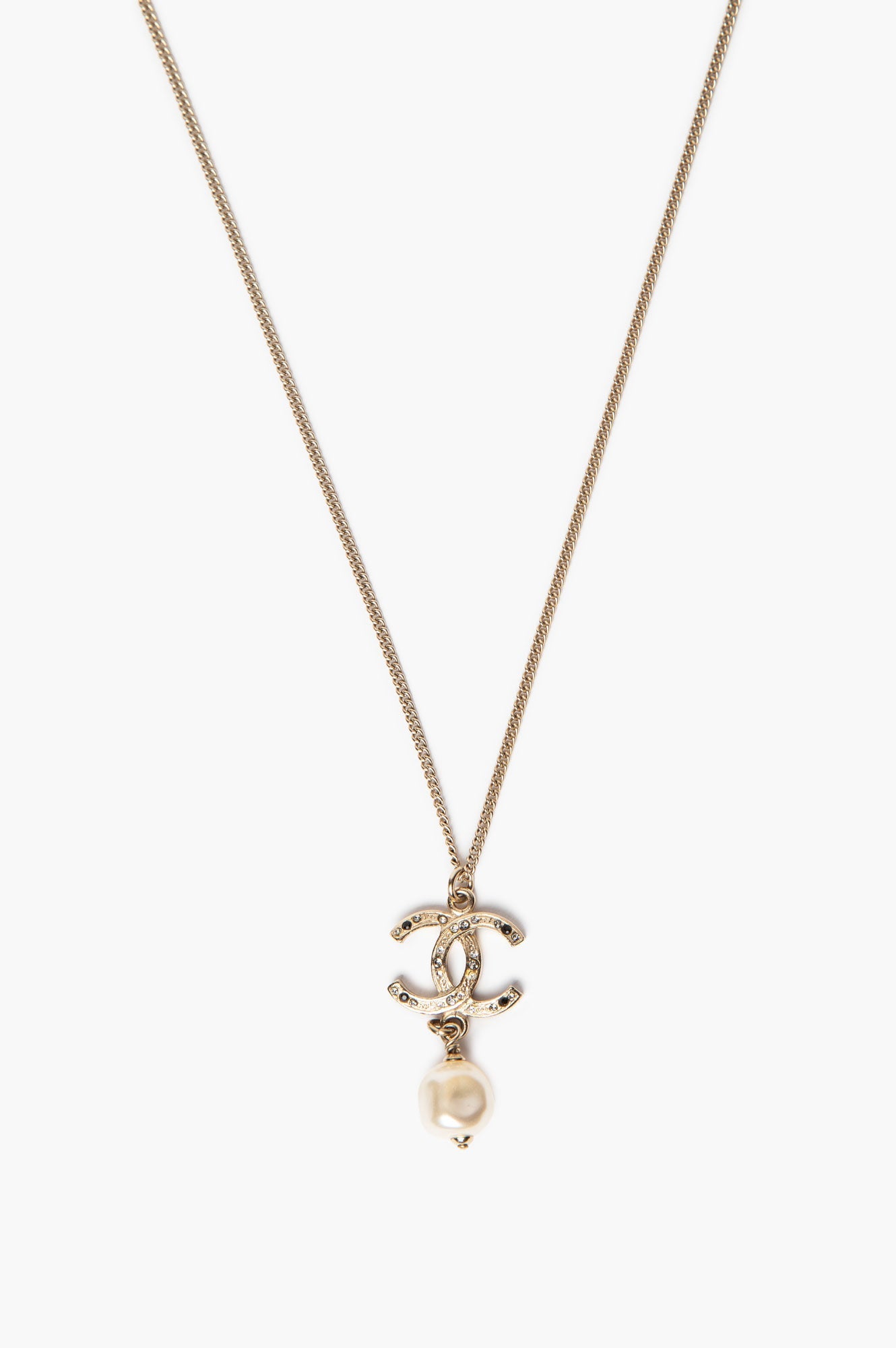 Chanel 12A Champagne Gold Tone CC Faux Baroque Pearl Drop Pendant Necklace