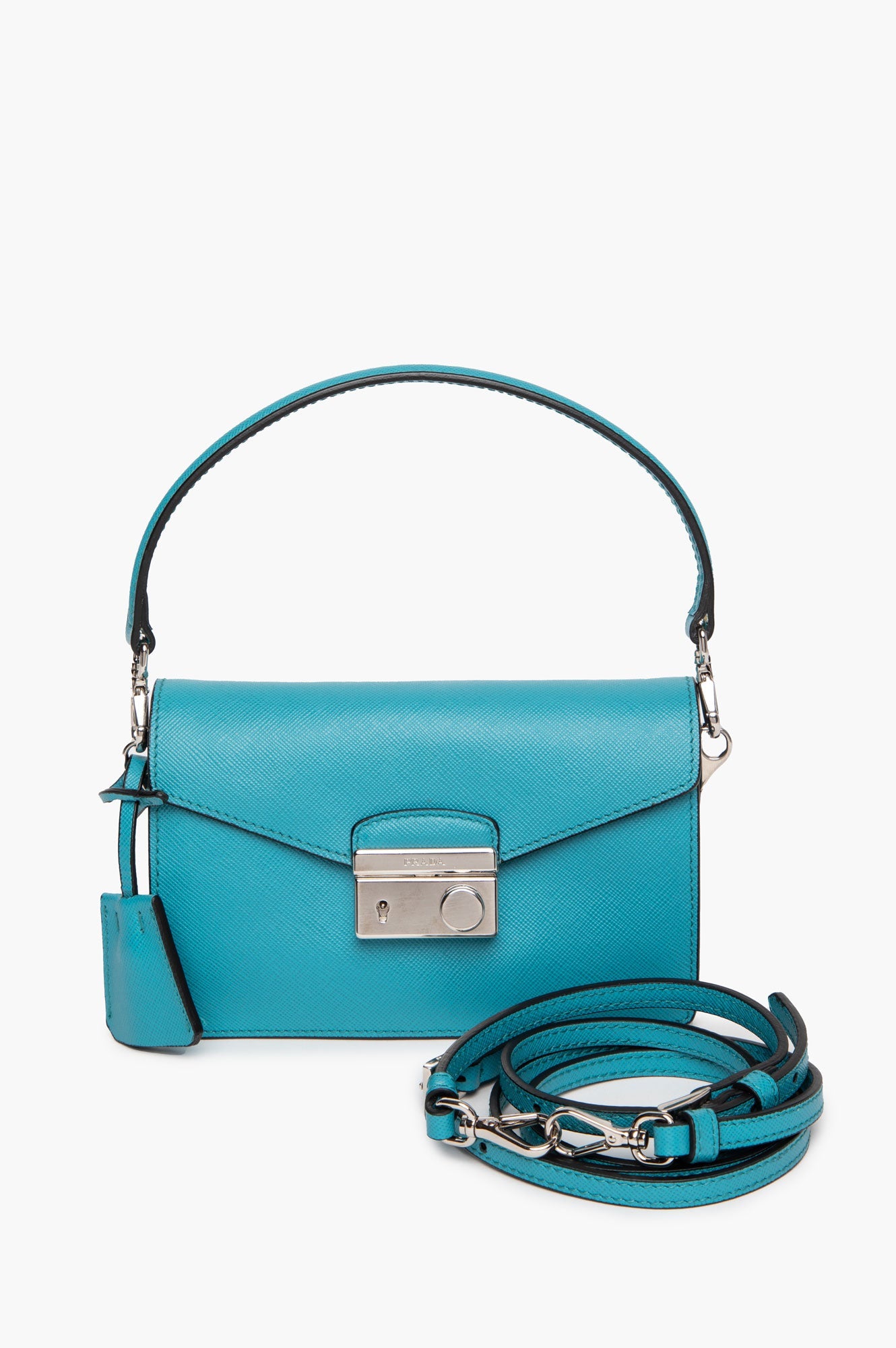 Prada Turquoise Saffiano Lux Leather Mini Flap Bag