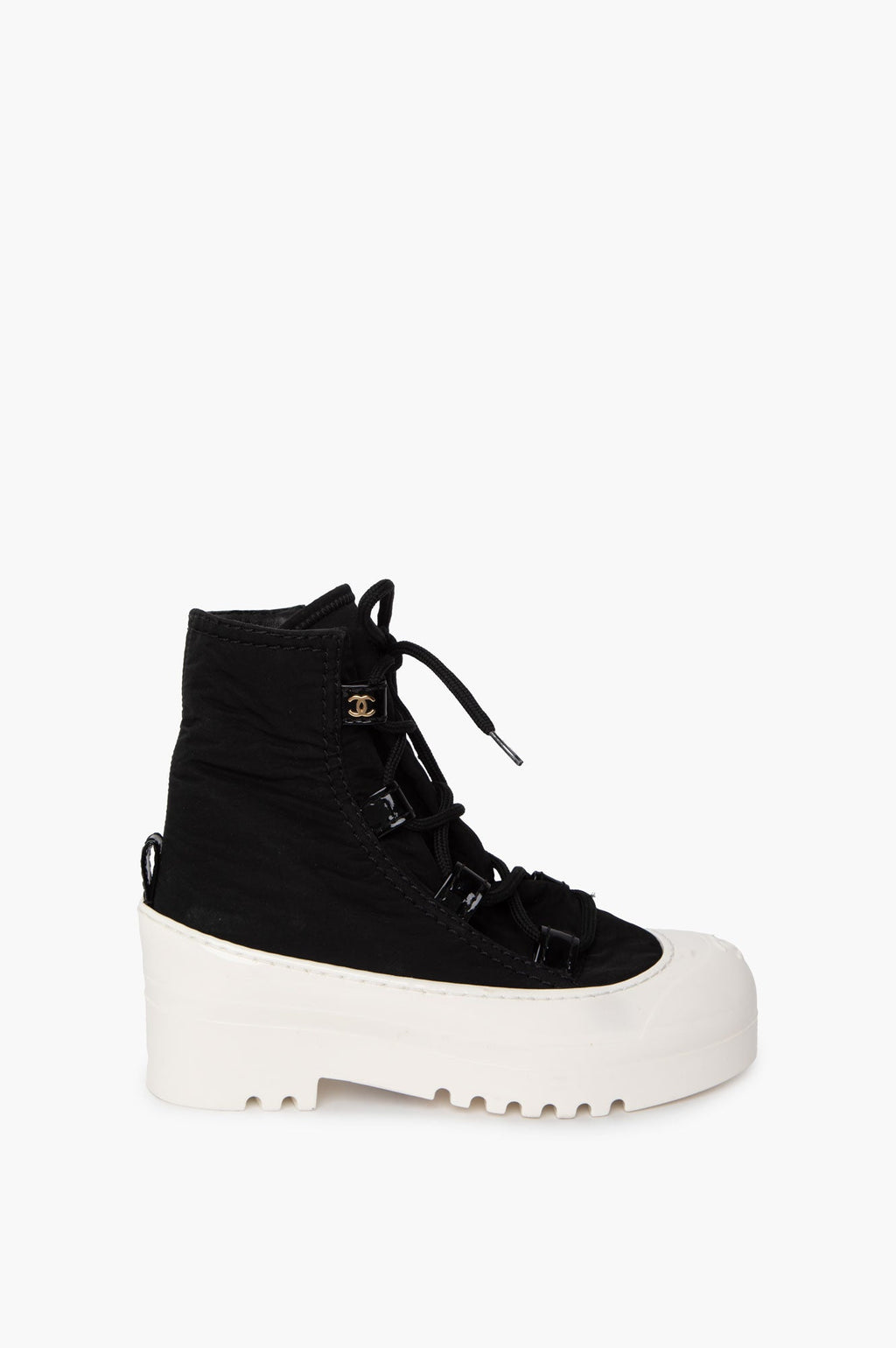 Chanel Black Nylon CC Lace Up Boots Size 36