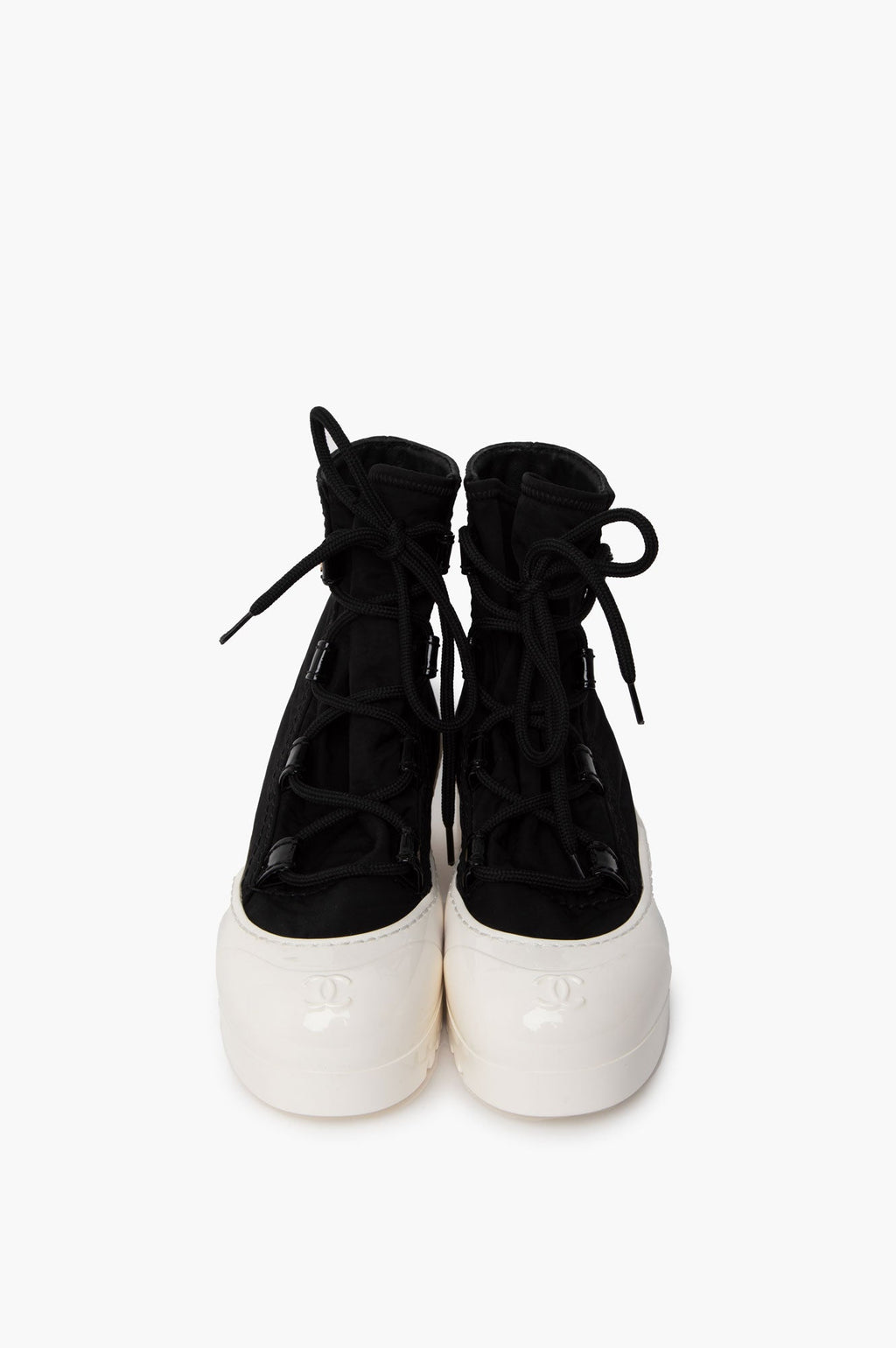 Chanel Black Nylon CC Lace Up Boots Size 36