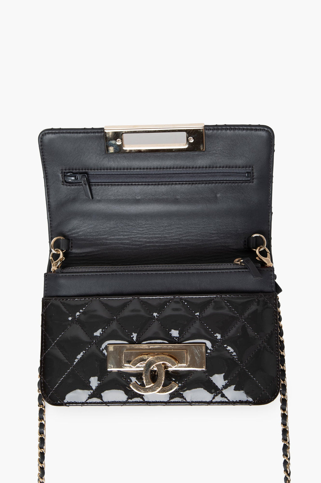 Chanel Grey Patent Leather Golden Logo WOC