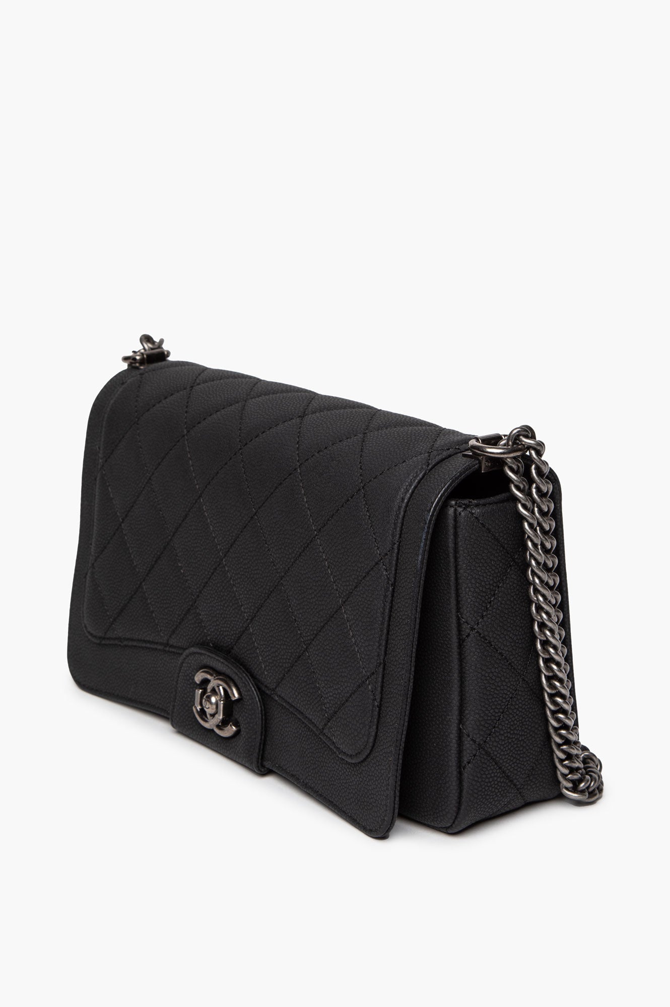 Chanel Matte Black Caviar Ruthenium Hardware Turn Around Flap Bag