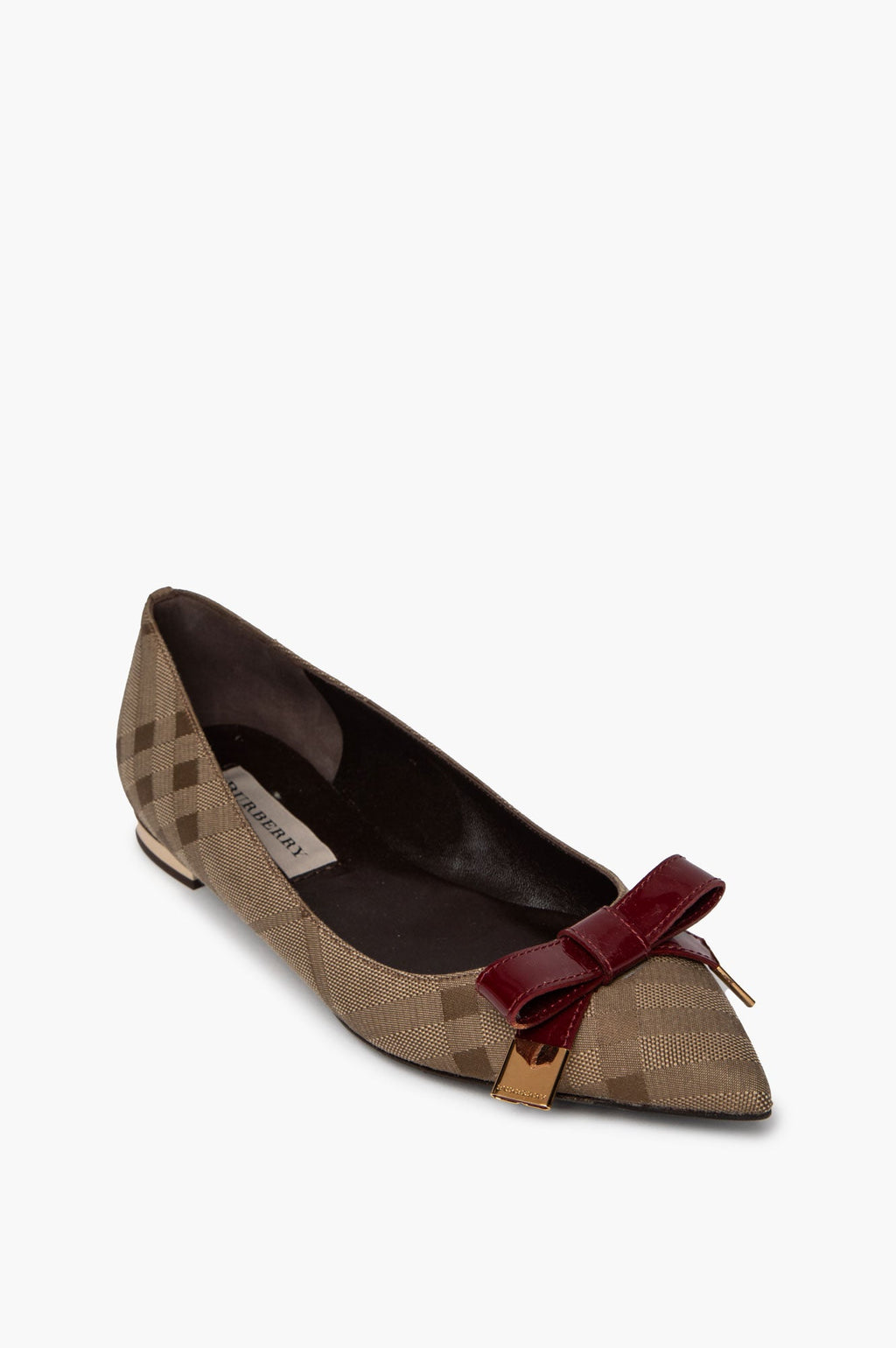 Burberry Patent Bow Point-Toe Check Jacquard Ballet Flats Size 36