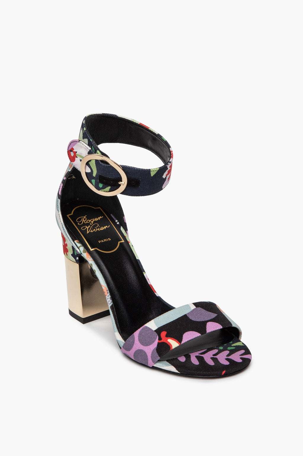 Roger Vivier Floral Canvas Gold Block Heel Podium Sandals Size 36