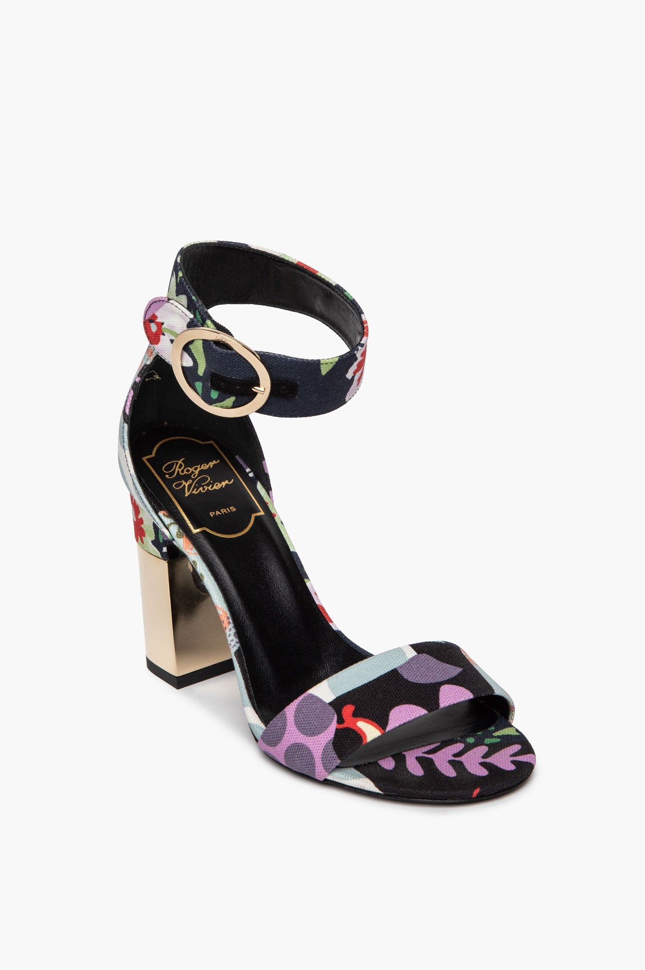 Roger Vivier Floral Canvas Gold Block Heel Podium Sandals Size 36
