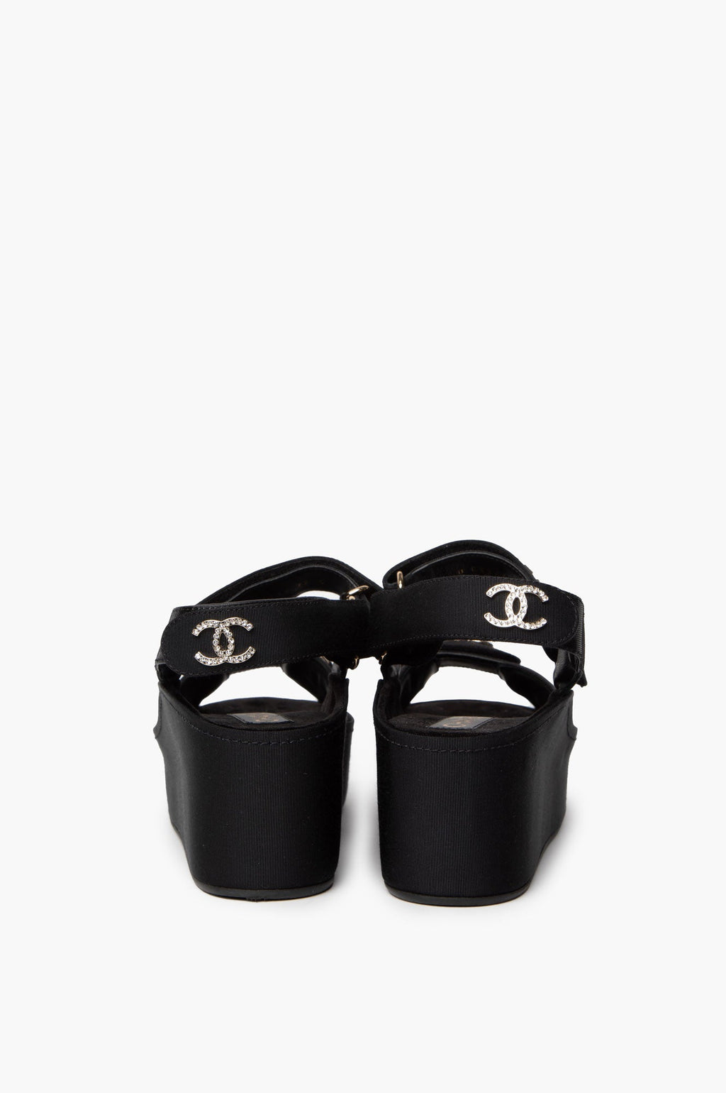 Chanel 2022 Black Grosgrain Crystal Logo Platform Sandals Size 38C
