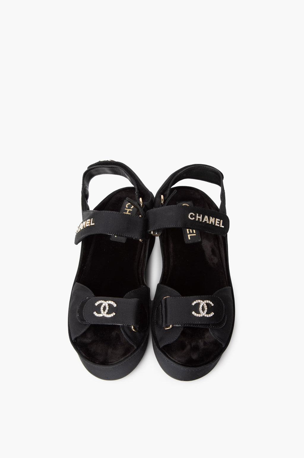 Chanel 2022 Black Grosgrain Crystal Logo Platform Sandals Size 38C