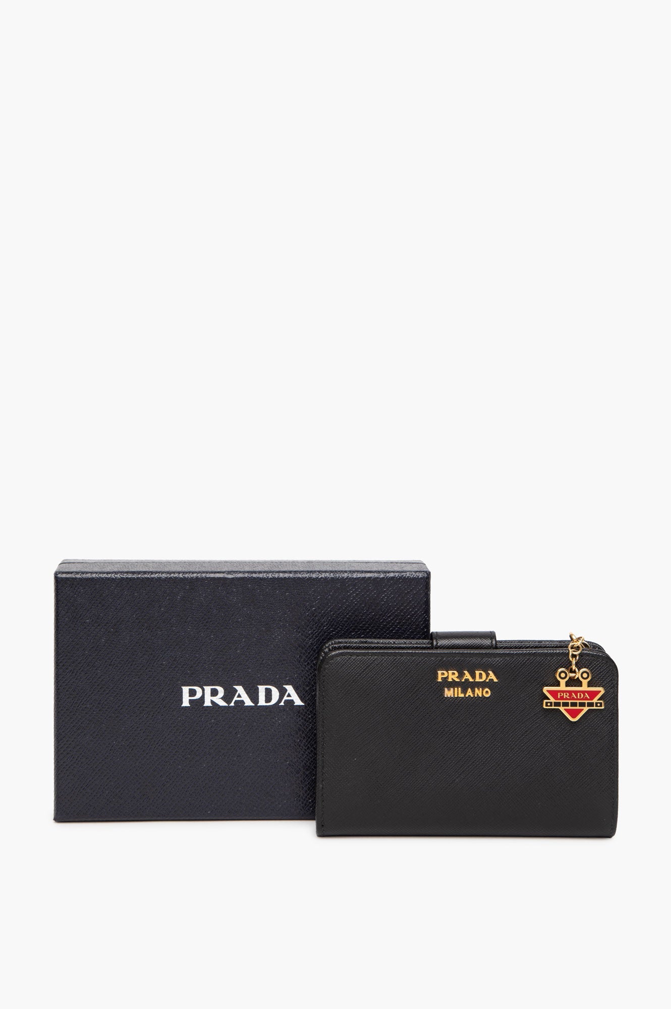 Prada Black Saffiano Leather Robot Charm Zip Wallet