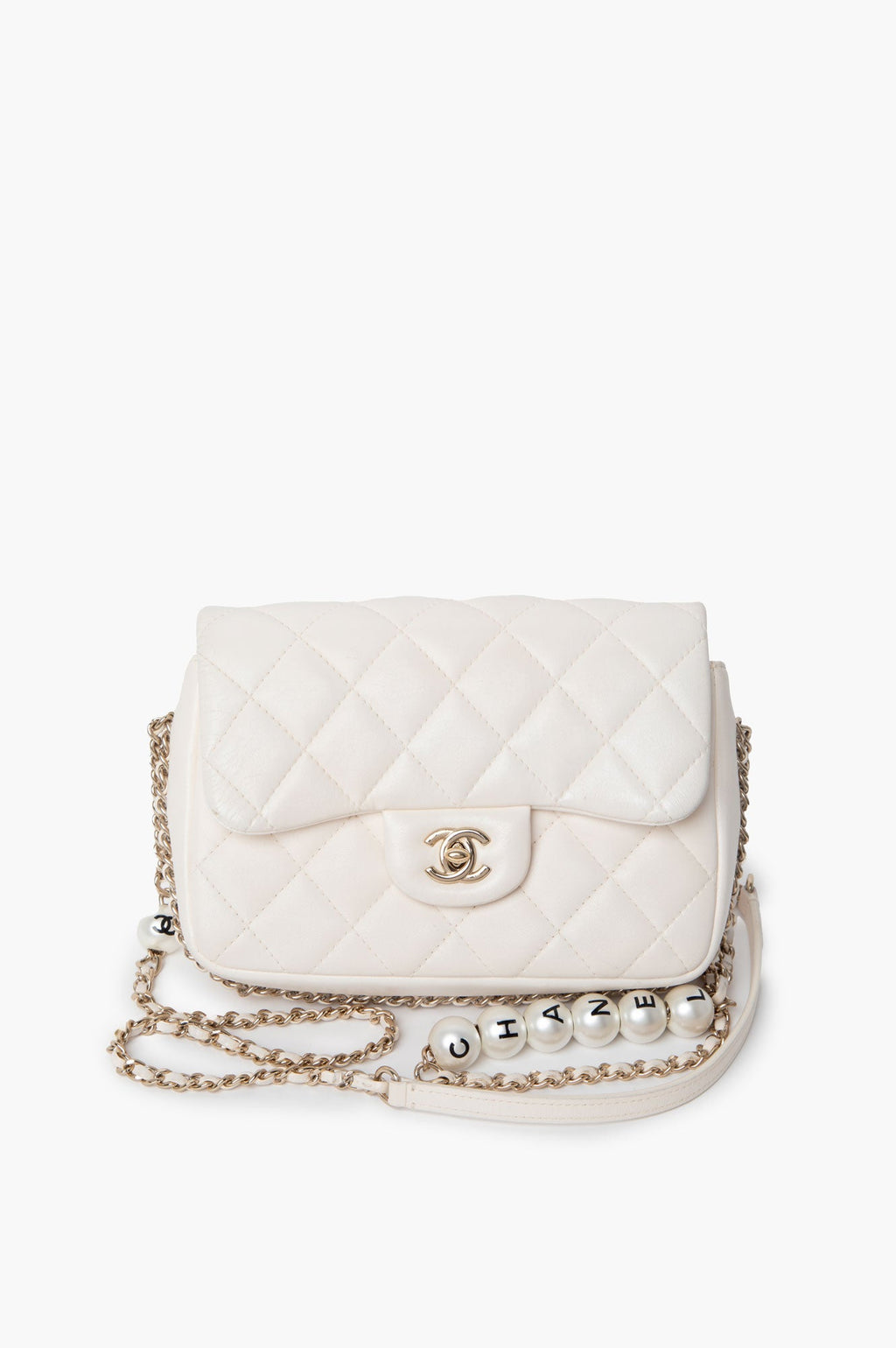 Chanel White Mini Flap Bag With Pearl Logo Chain