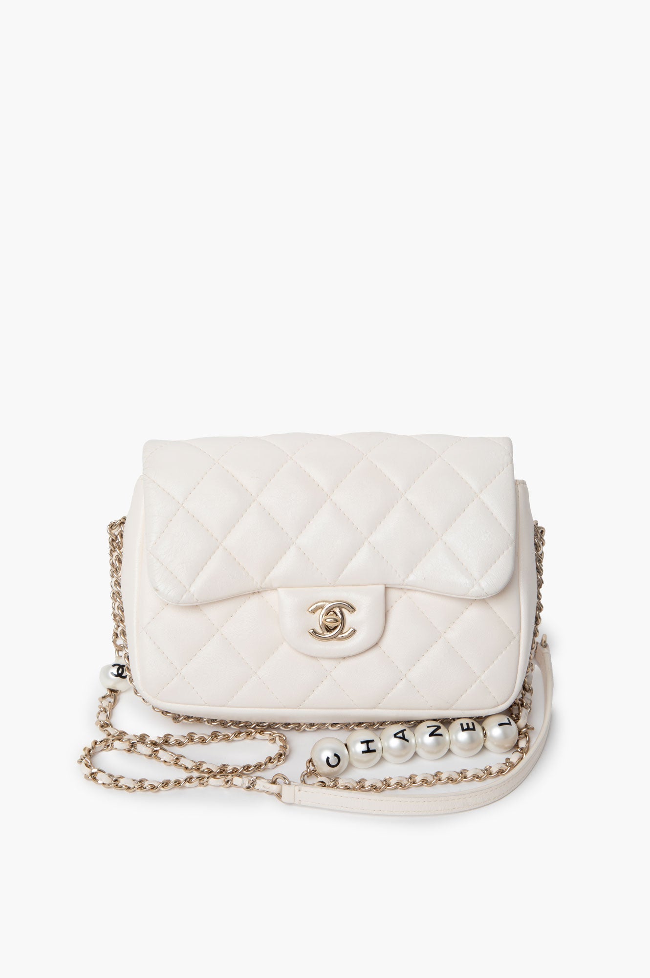 Chanel White Mini Flap Bag With Pearl Logo Chain