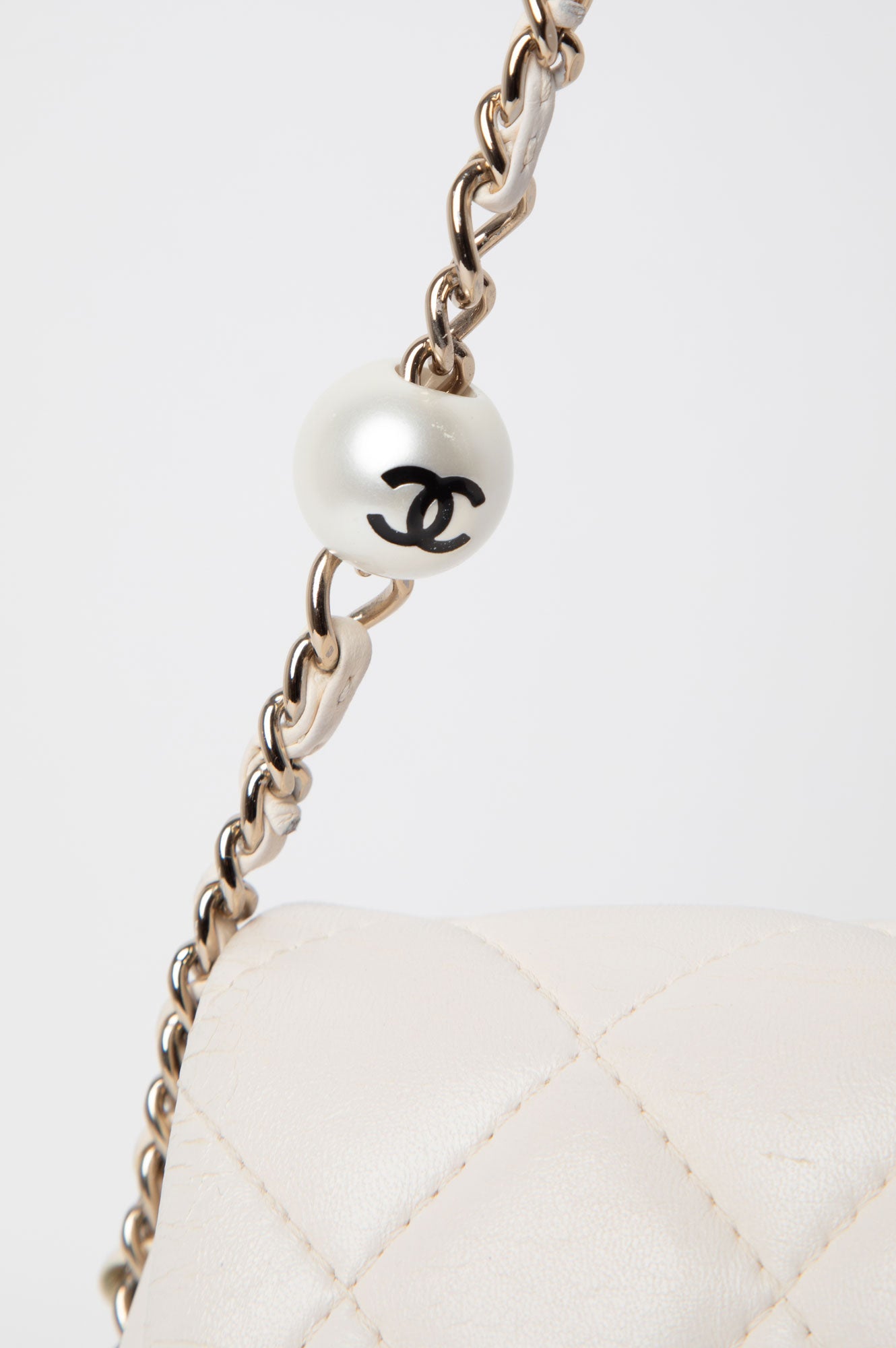 Chanel White Mini Flap Bag With Pearl Logo Chain