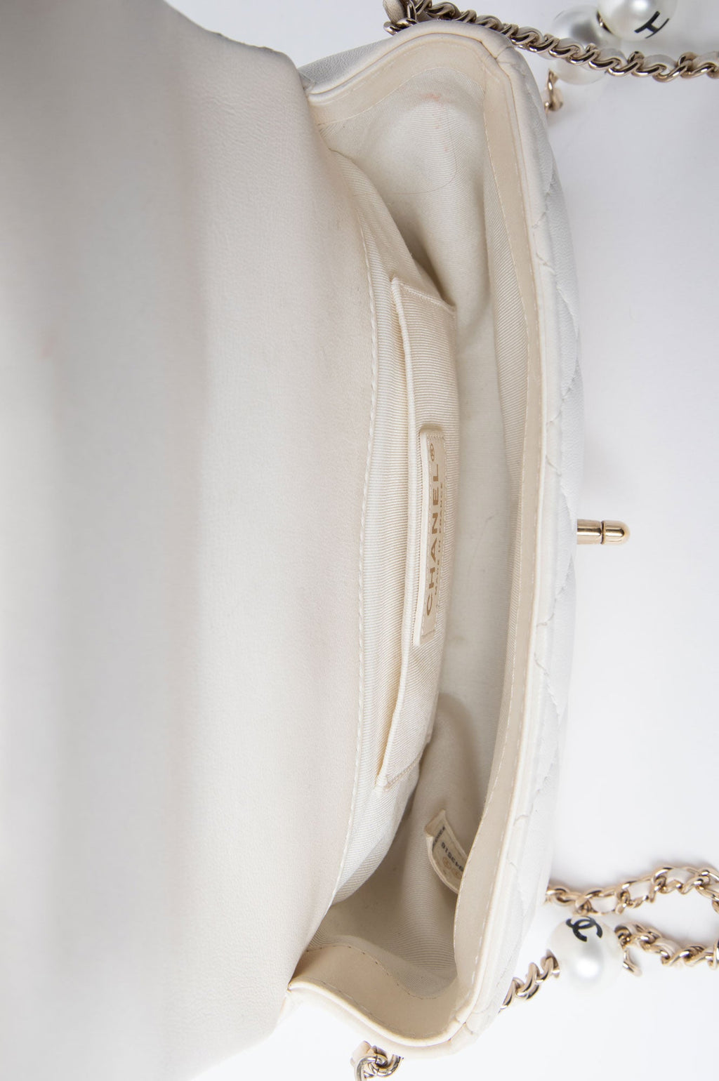 Chanel White Mini Flap Bag With Pearl Logo Chain