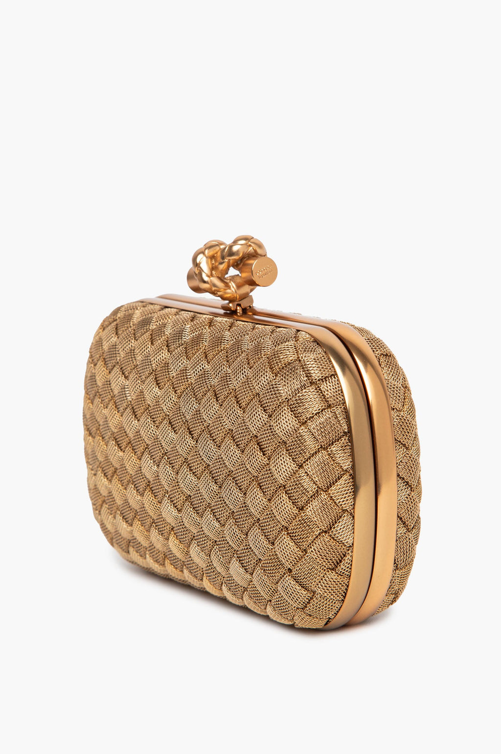 Bottega Veneta Gold Intrecciato Woven Metal Knot Minaudière Clutch