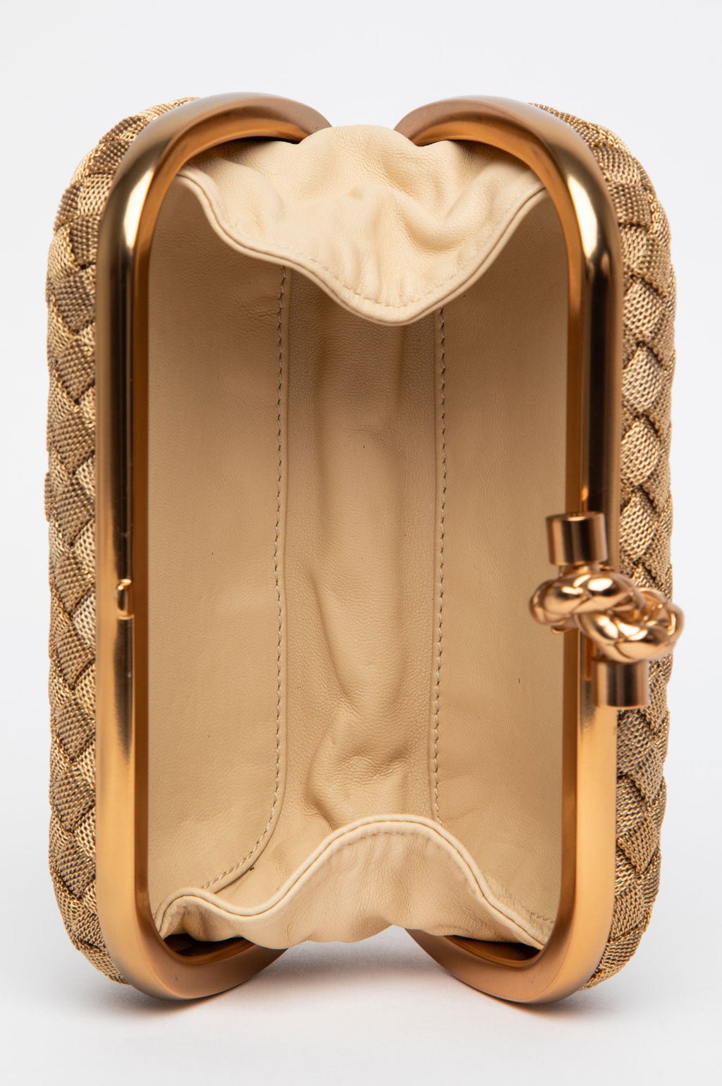 Bottega Veneta Gold Intrecciato Woven Metal Knot Minaudière Clutch