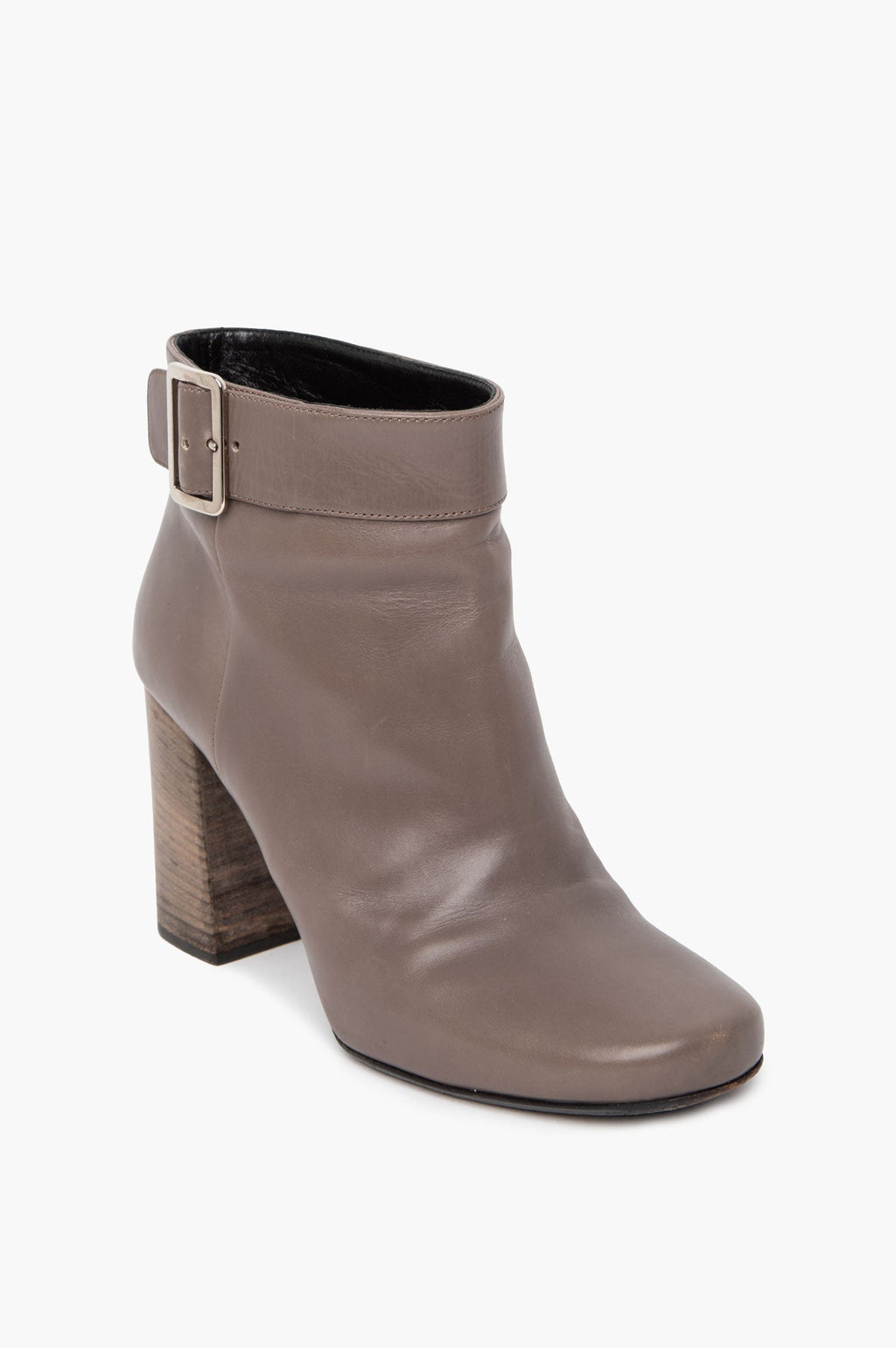 Prada Grey Leather Buckle Ankle Stacked Heel Booties Size 37