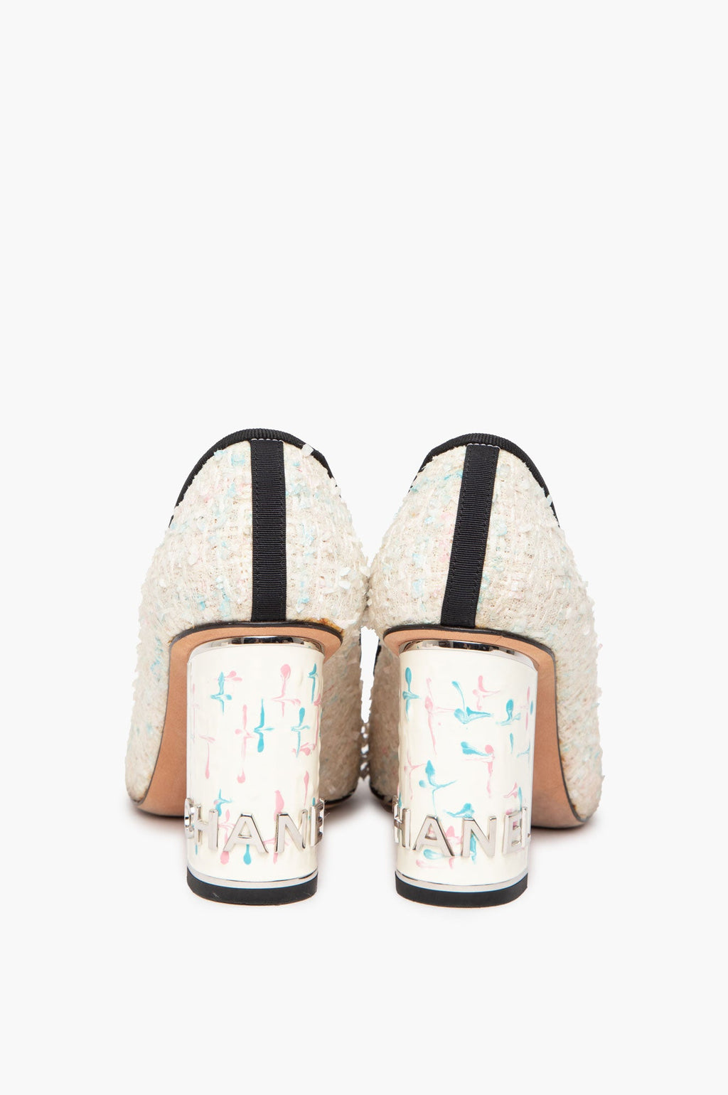 Chanel Pink & Blue Flecked Tweed CC Cap Toe Block Heel Pumps Size 36.5